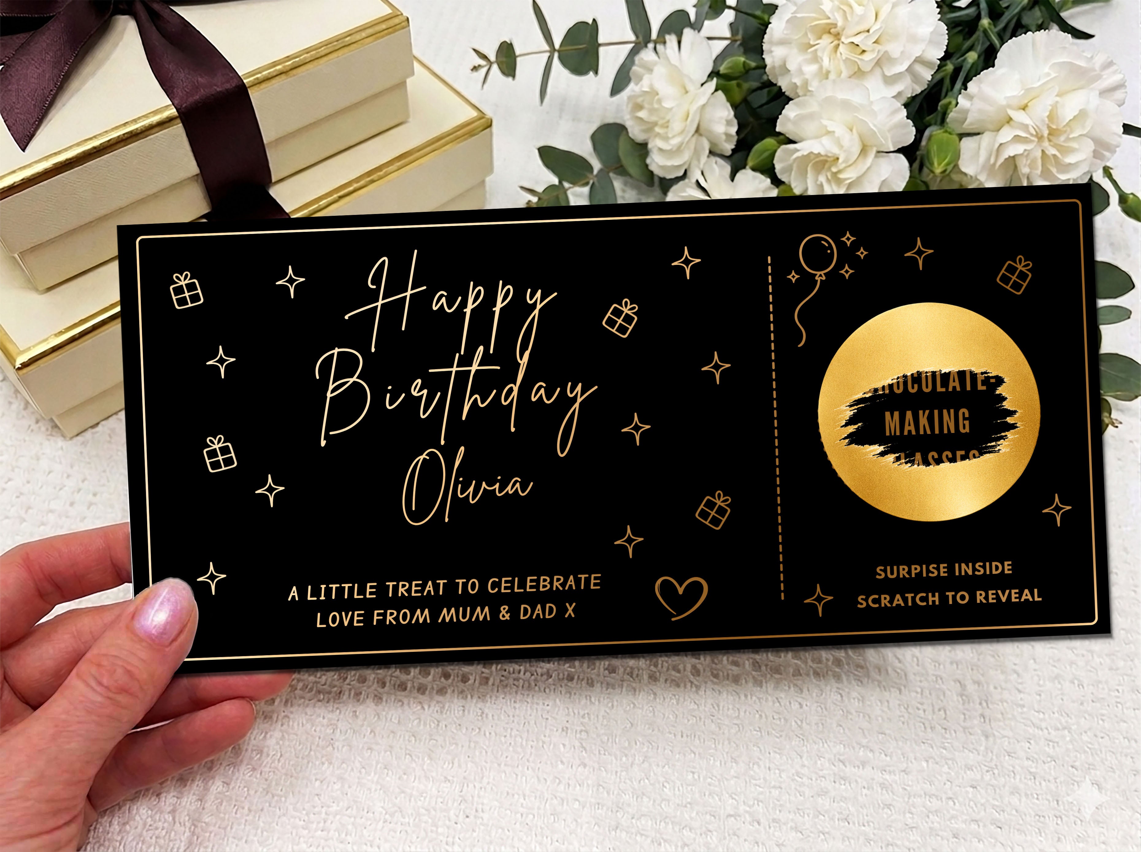 Personalised Birthday Gift Scratch Card - Gold Icons Surprise Reveal Ticket for Any Experience