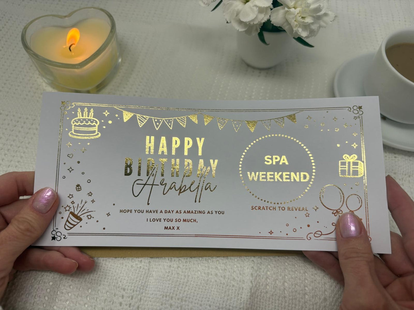 Golden Birthday Party Scratch Off Card, Personalised Surprise Voucher Gift
