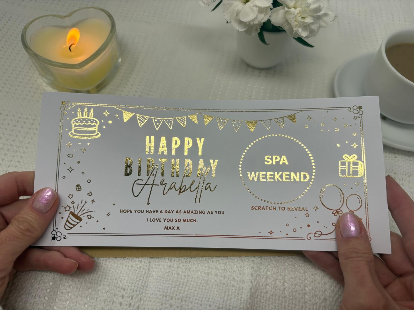 Golden Birthday Party Scratch Off Card, Personalised Surprise Voucher Gift