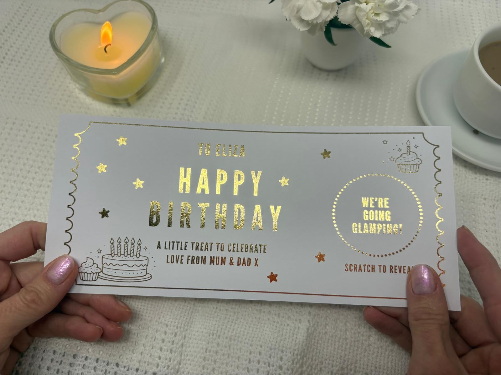 Birthday Cake Scratch Off Card, Personalised Surprise Voucher Gift with Cupcake Design