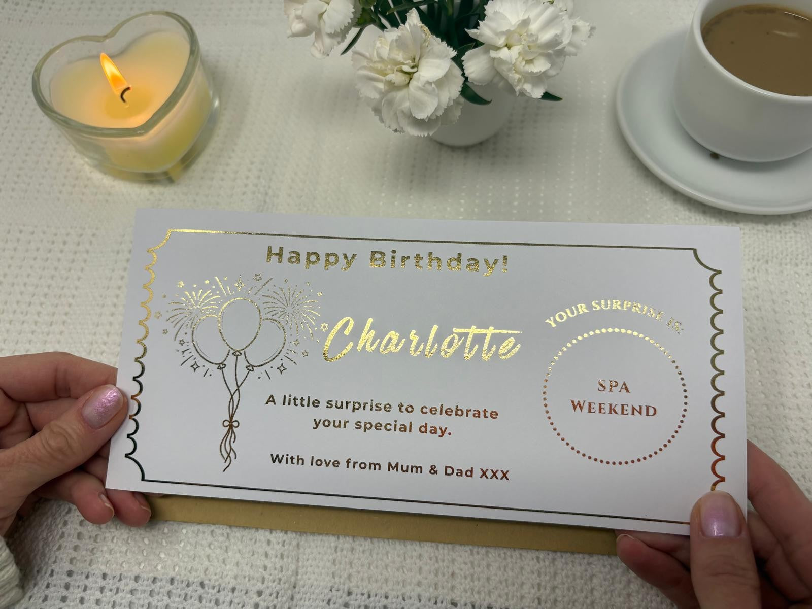 Personalised Gold Fireworks and Balloons Birthday Scratch Reveal Voucher