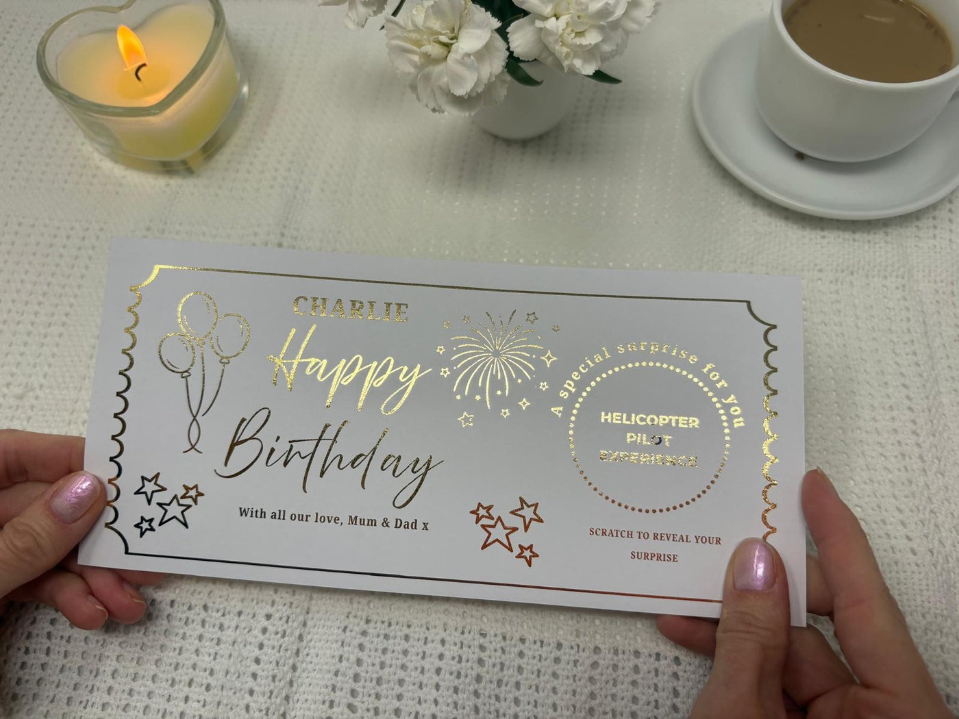 Personalised Gold Stars and Balloons Birthday Scratch Reveal Ticket