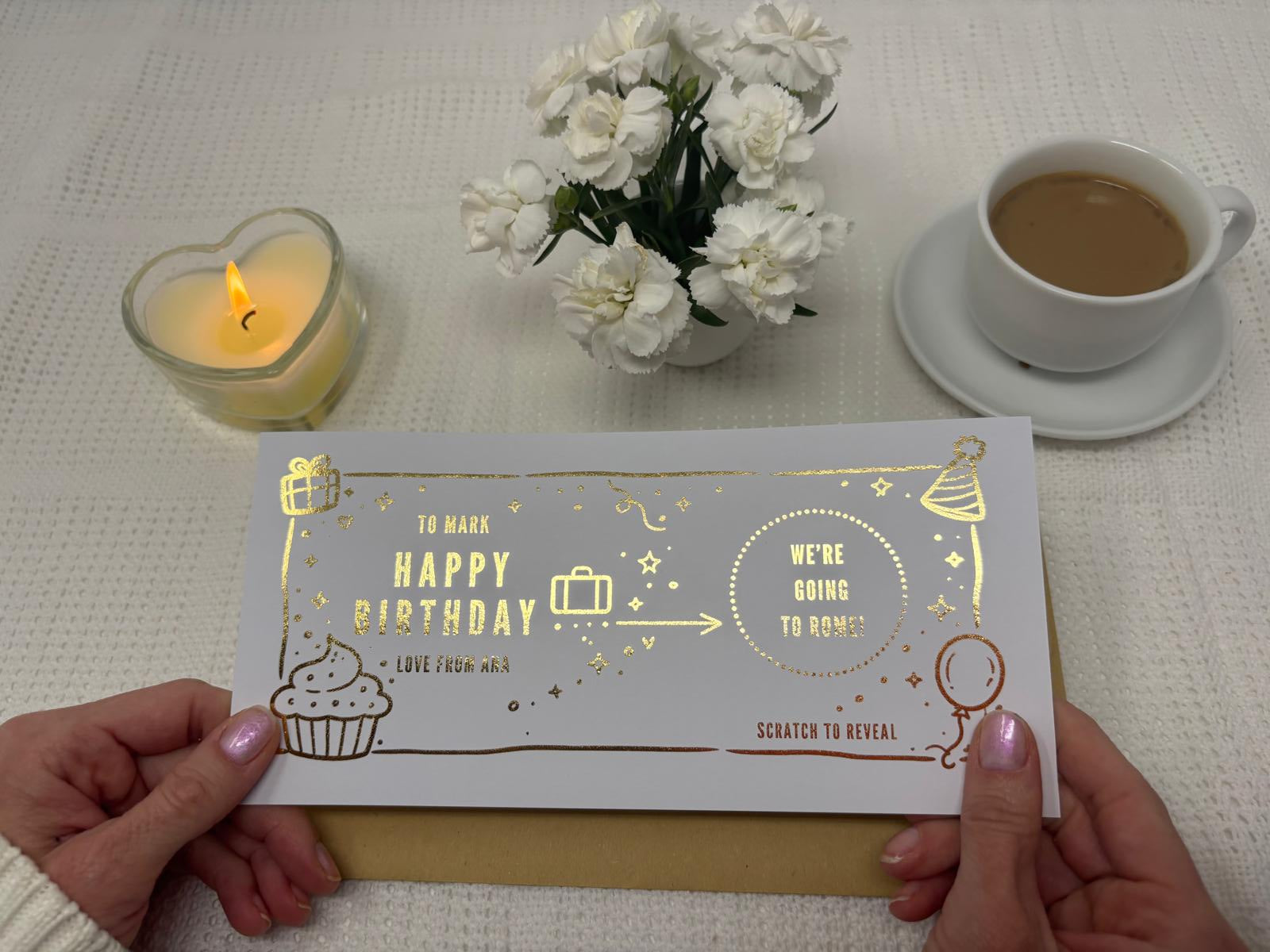 Birthday and Anniversary Scratch Off Card, Travel Surprise Voucher with Gifts and Balloons