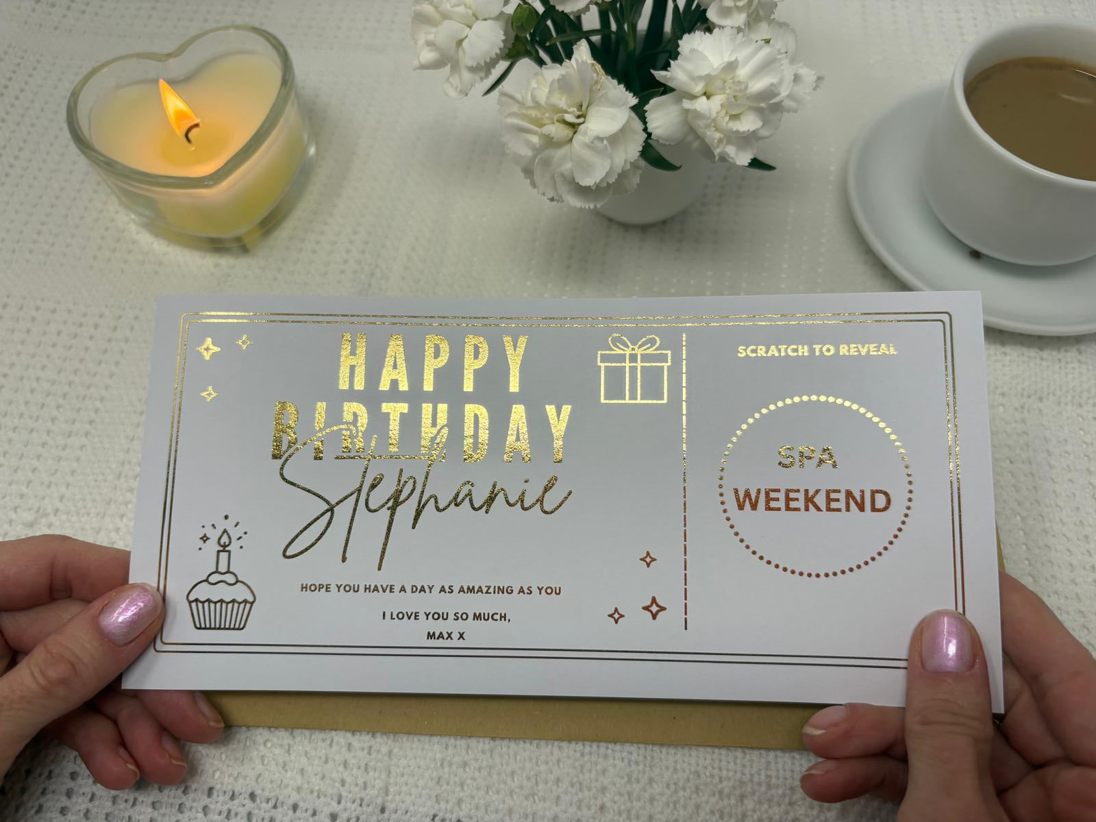 Birthday and Anniversary Scratch Off Card, Elegant Personalised Voucher Gift with Cupcake and Gift Box