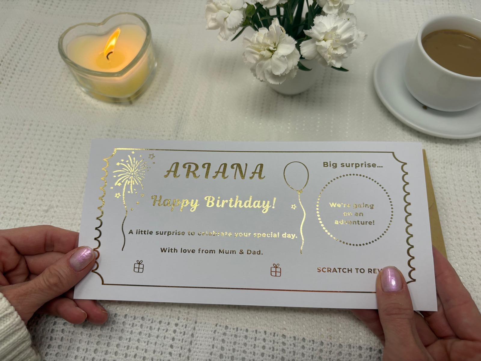 Personalised Birthday Scratch Off Card, Celebration Voucher Gift with Balloons and Fireworks