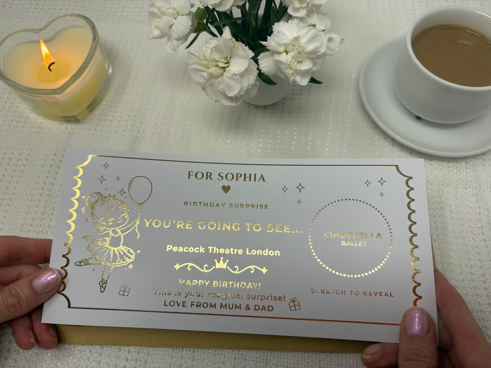 Personalised Gold Scratch Reveal Theatre Ticket - Luxury Birthday Surprise Card