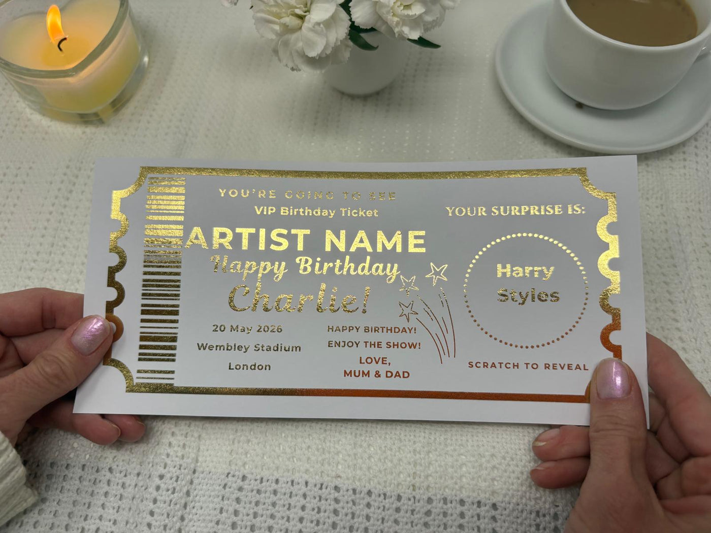 Luxury Gold Scratch Reveal Birthday Ticket - Personalised VIP Concert Surprise Gift