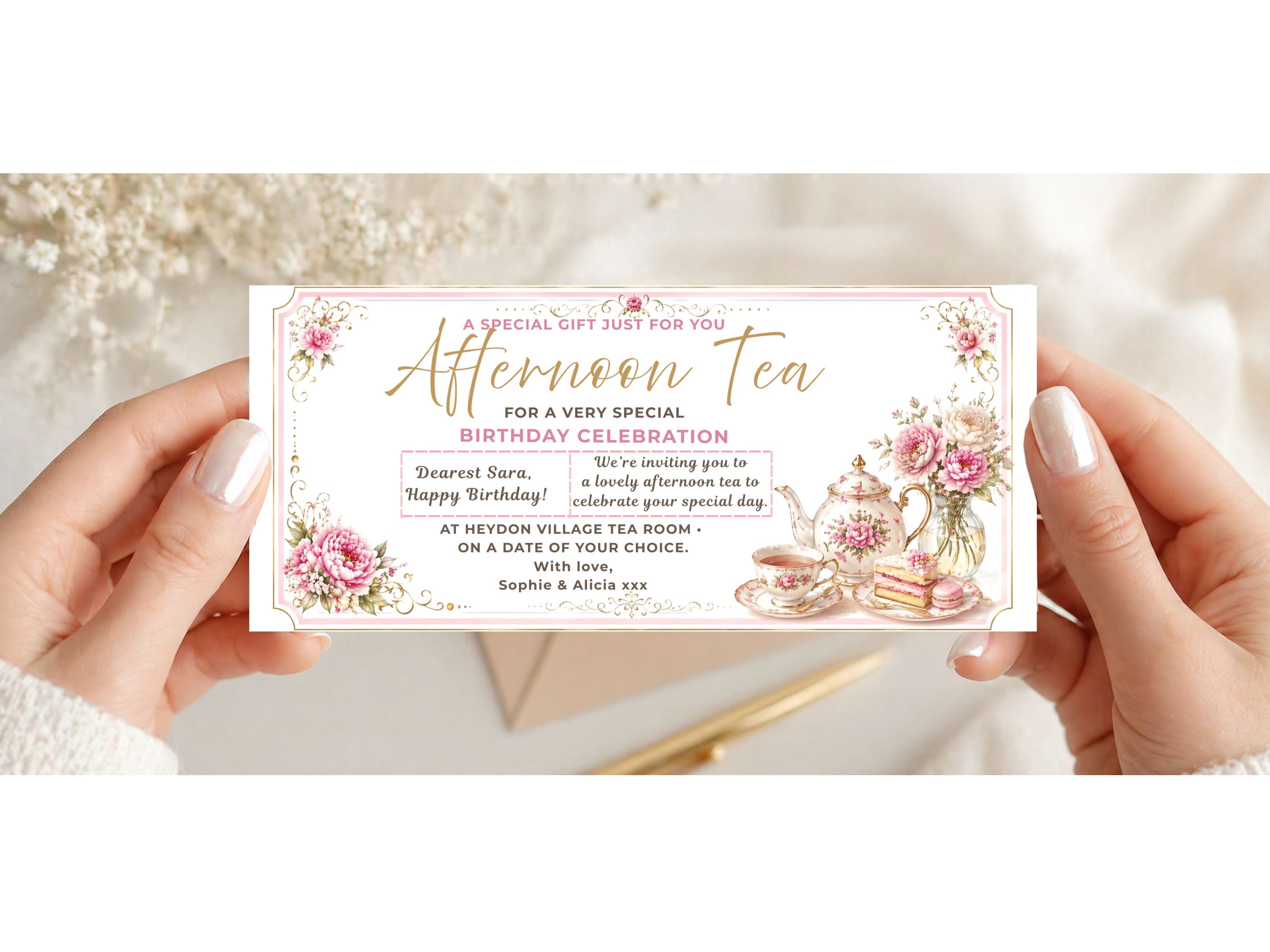 Personalised Afternoon Tea Birthday Gift Voucher Card – Elegant Floral Design (Physical Card)
