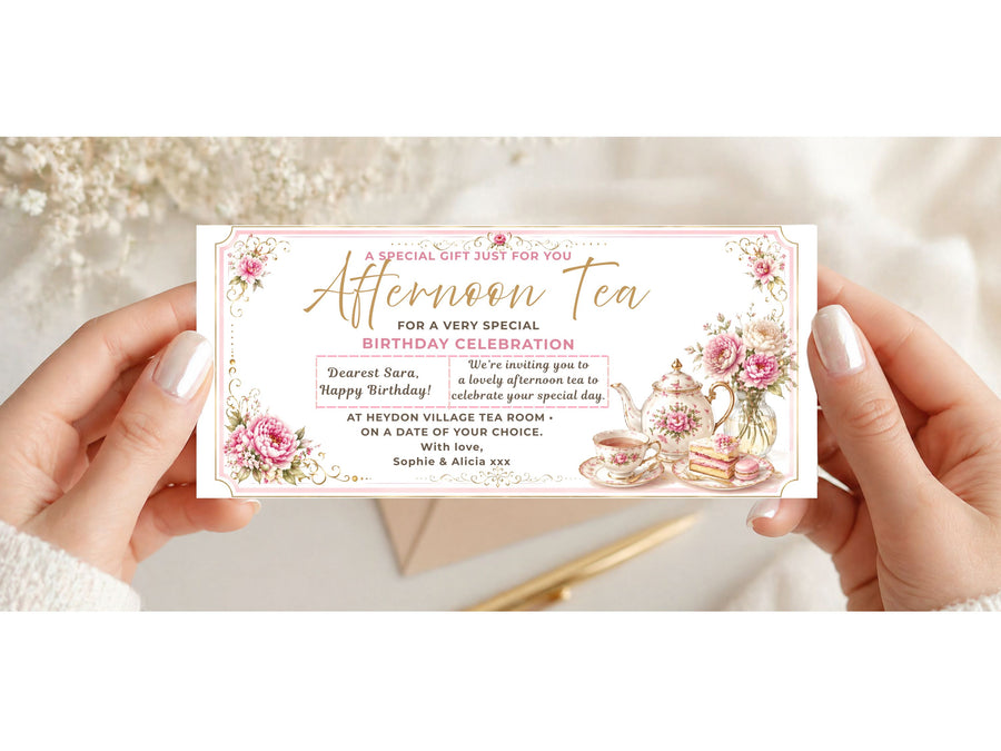 Personalised Afternoon Tea Birthday Gift Voucher Card – Elegant Floral Design (Physical Card)
