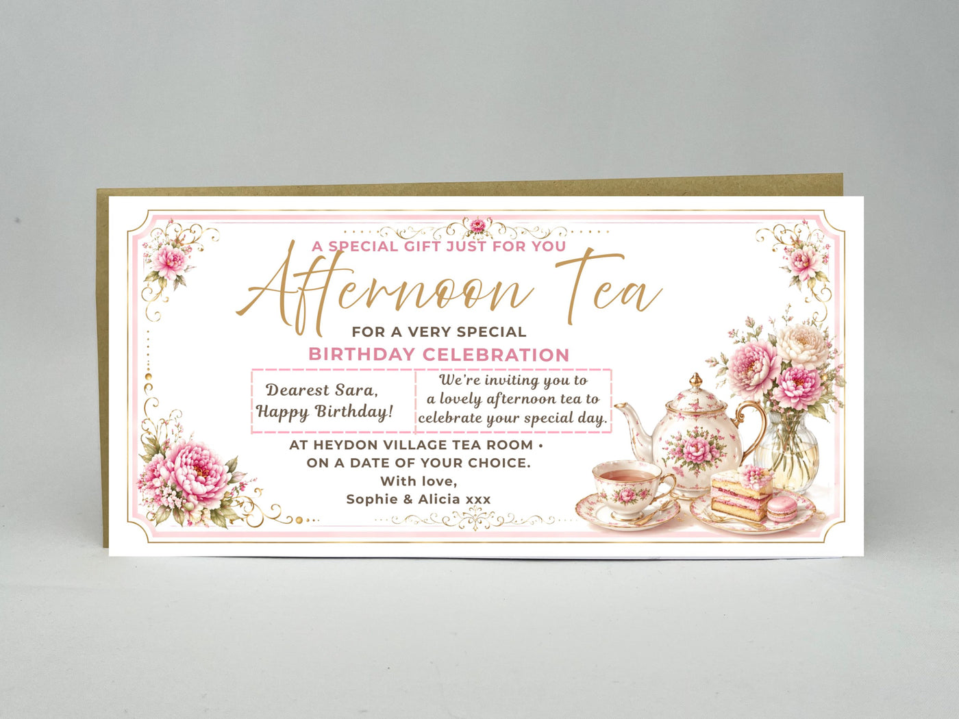 Personalised Afternoon Tea Birthday Gift Voucher Card – Elegant Floral Design (Physical Card)