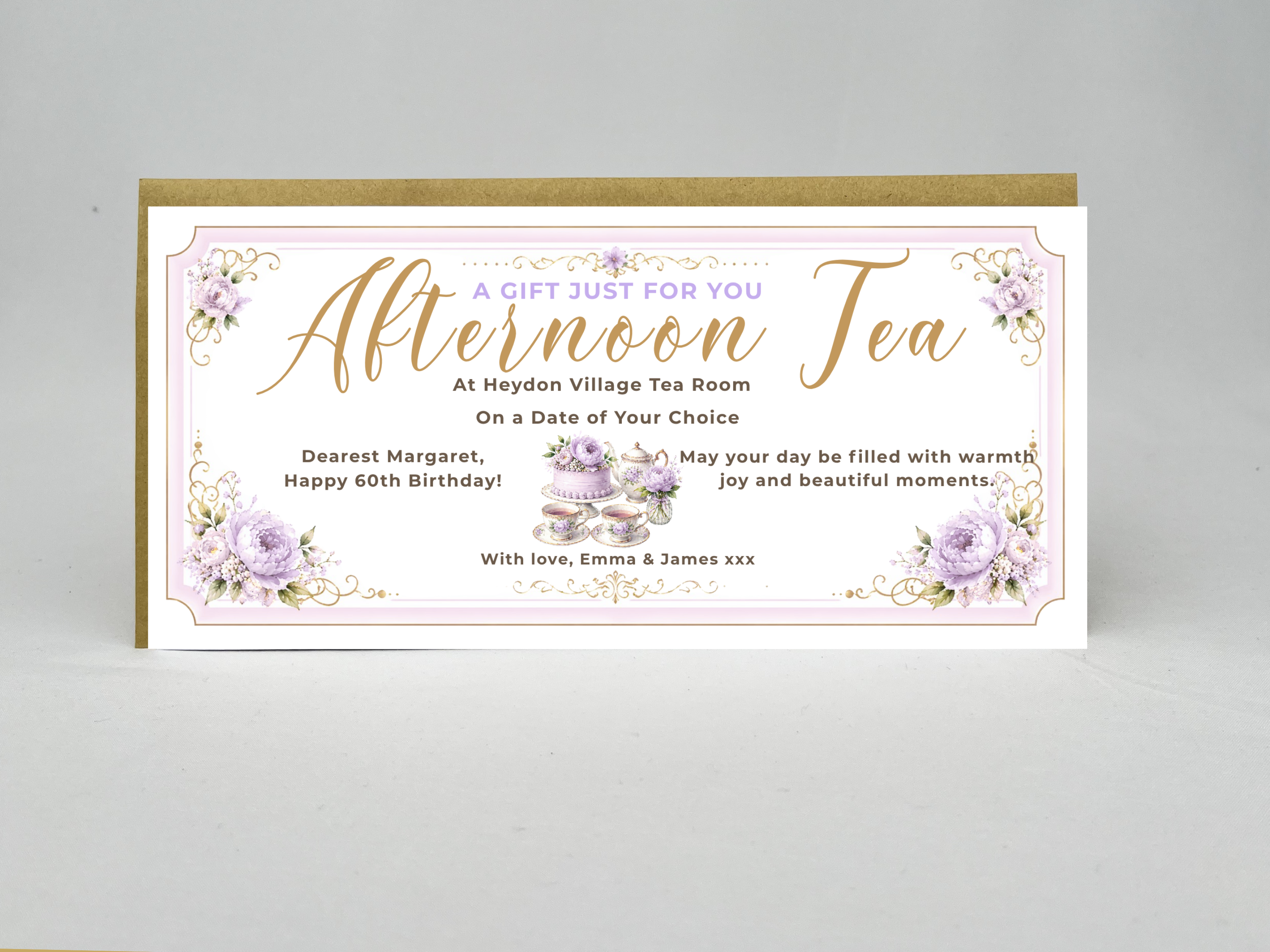 Personalised Afternoon Tea Gift Voucher Card – Lavender Floral Design (Physical Card)