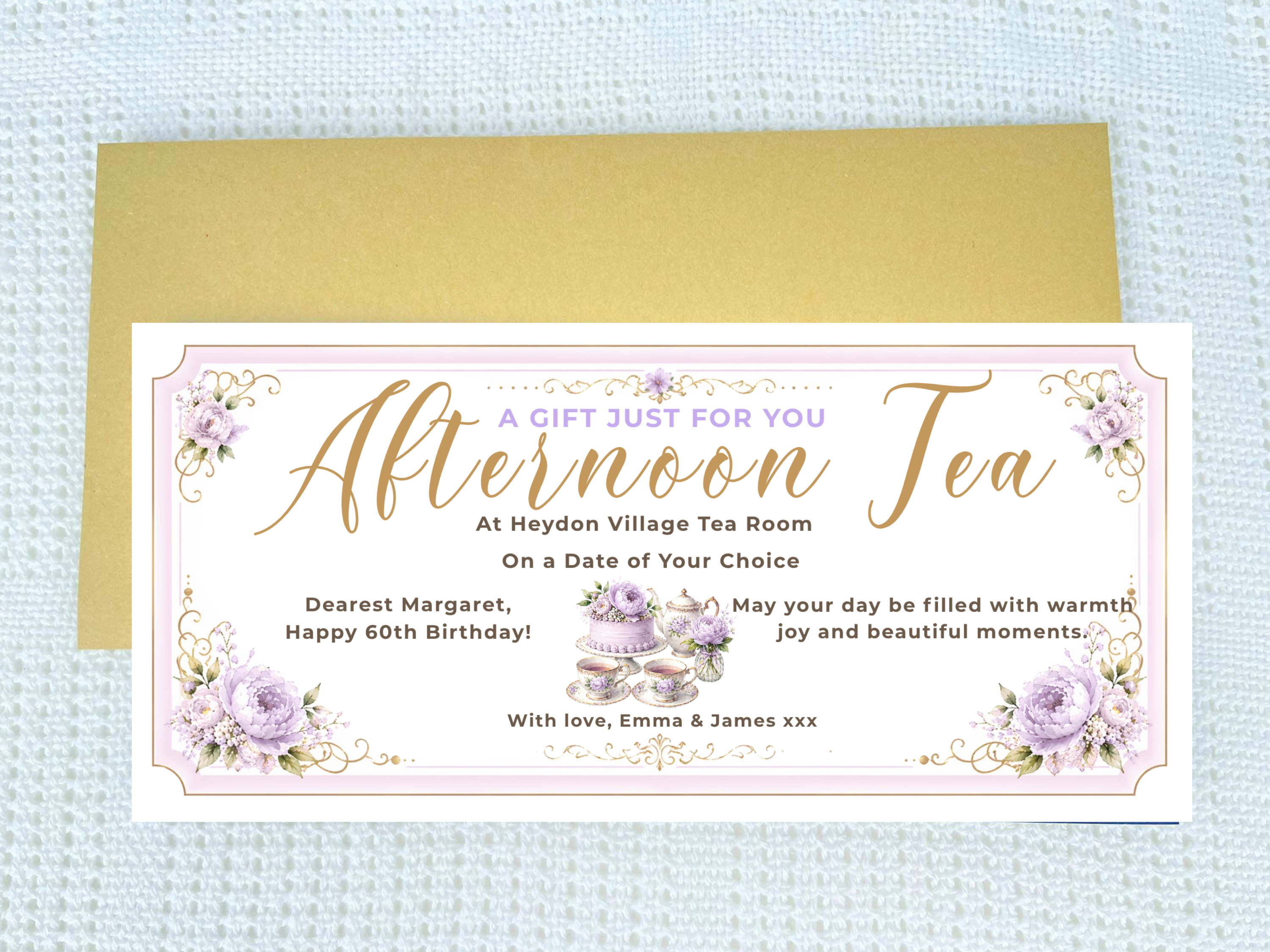 Personalised Afternoon Tea Gift Voucher Card – Lavender Floral Design (Physical Card)