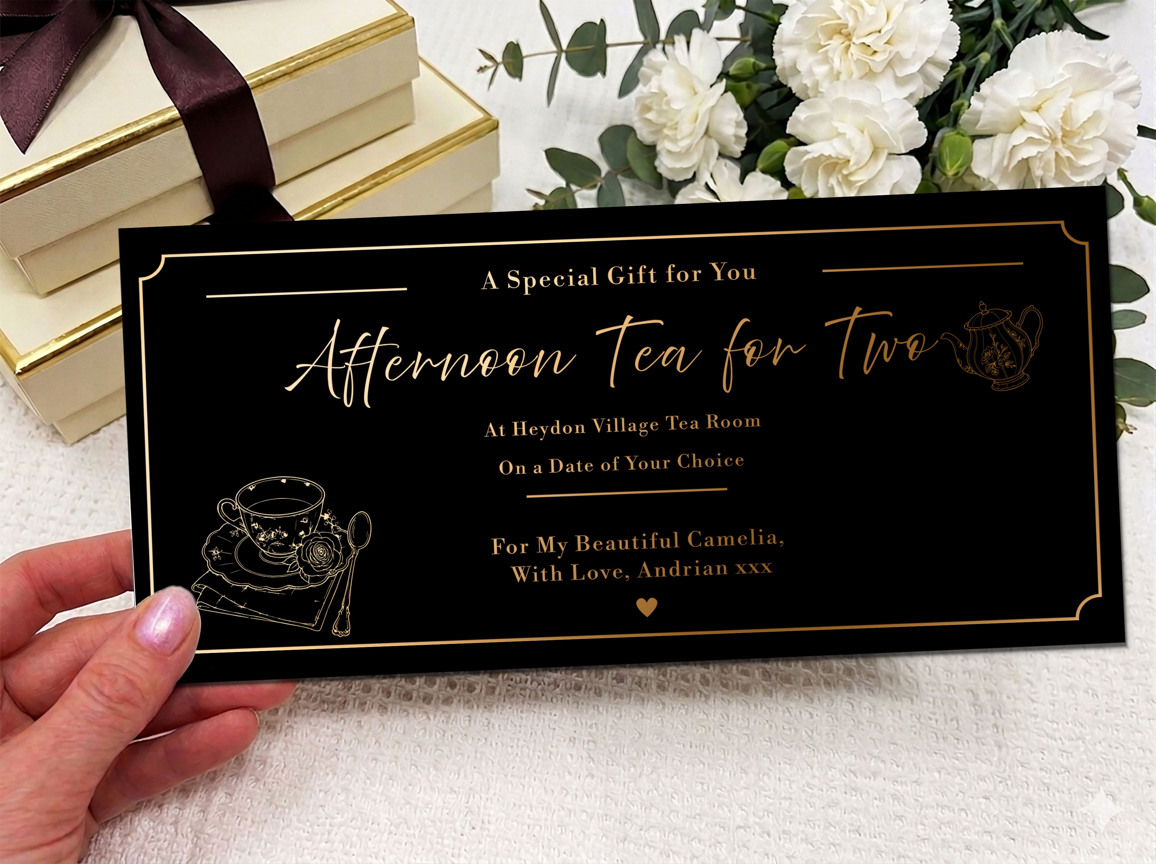 Personalised Afternoon Tea for Two Gift, Luxury Tea Voucher, Custom Printed Gift Coupon, Romantic Tea Experience Gift for Her