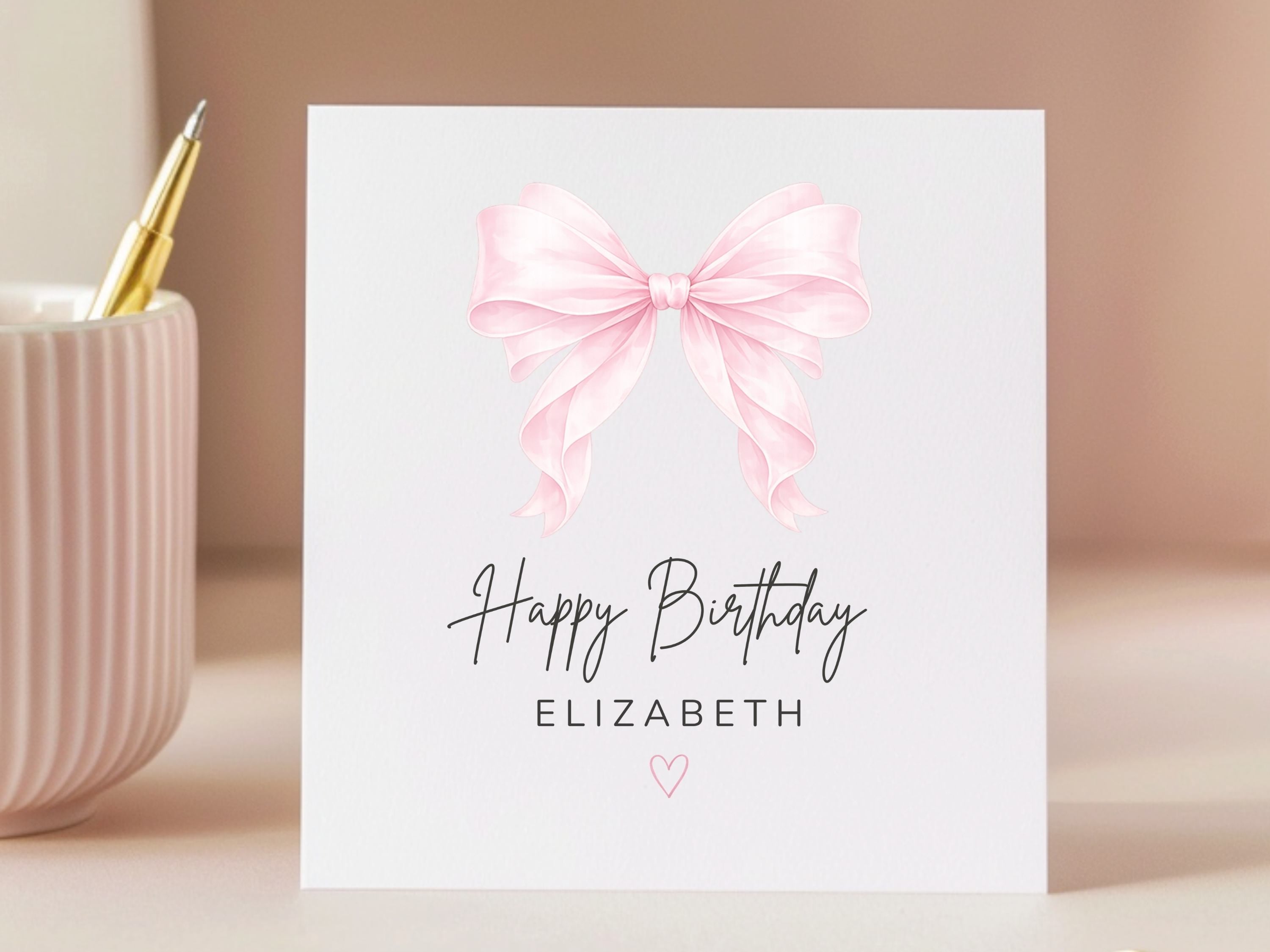 Personalised Birthday Card for Her - Luxury Blush Pink Watercolor Bow Design