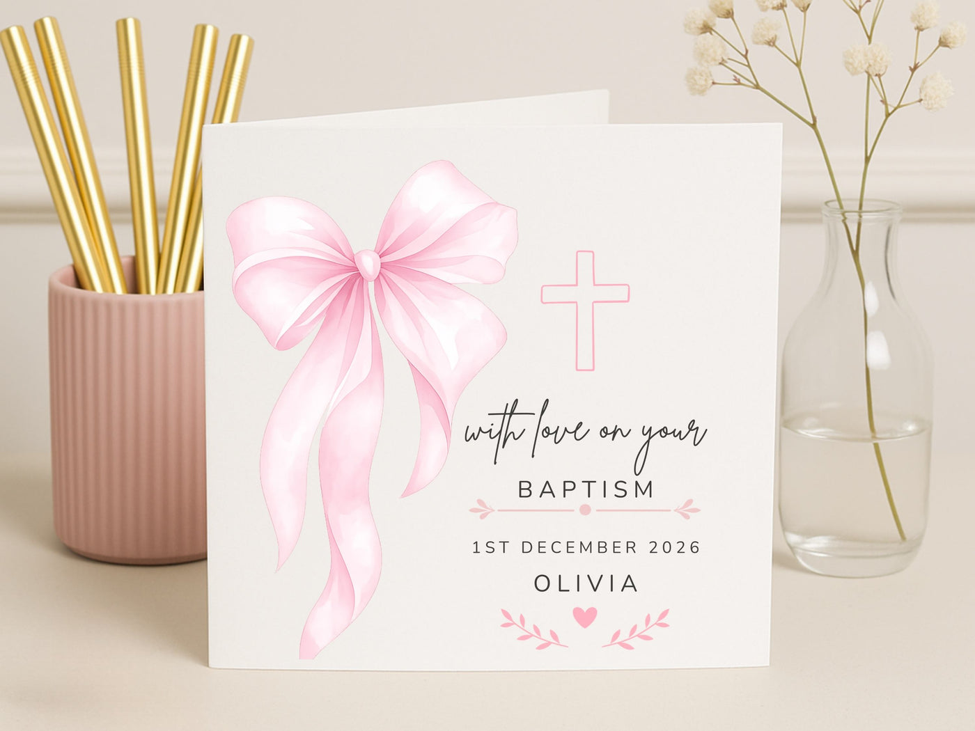 Personalised Baptism Card for Girls - Custom Name & Date Christening Keepsake