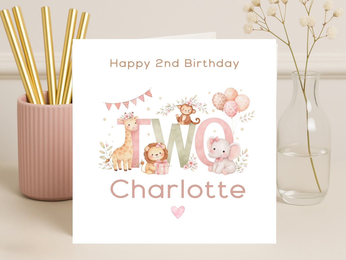 Personalised 2nd Birthday Card - Cute Animal TWO Design