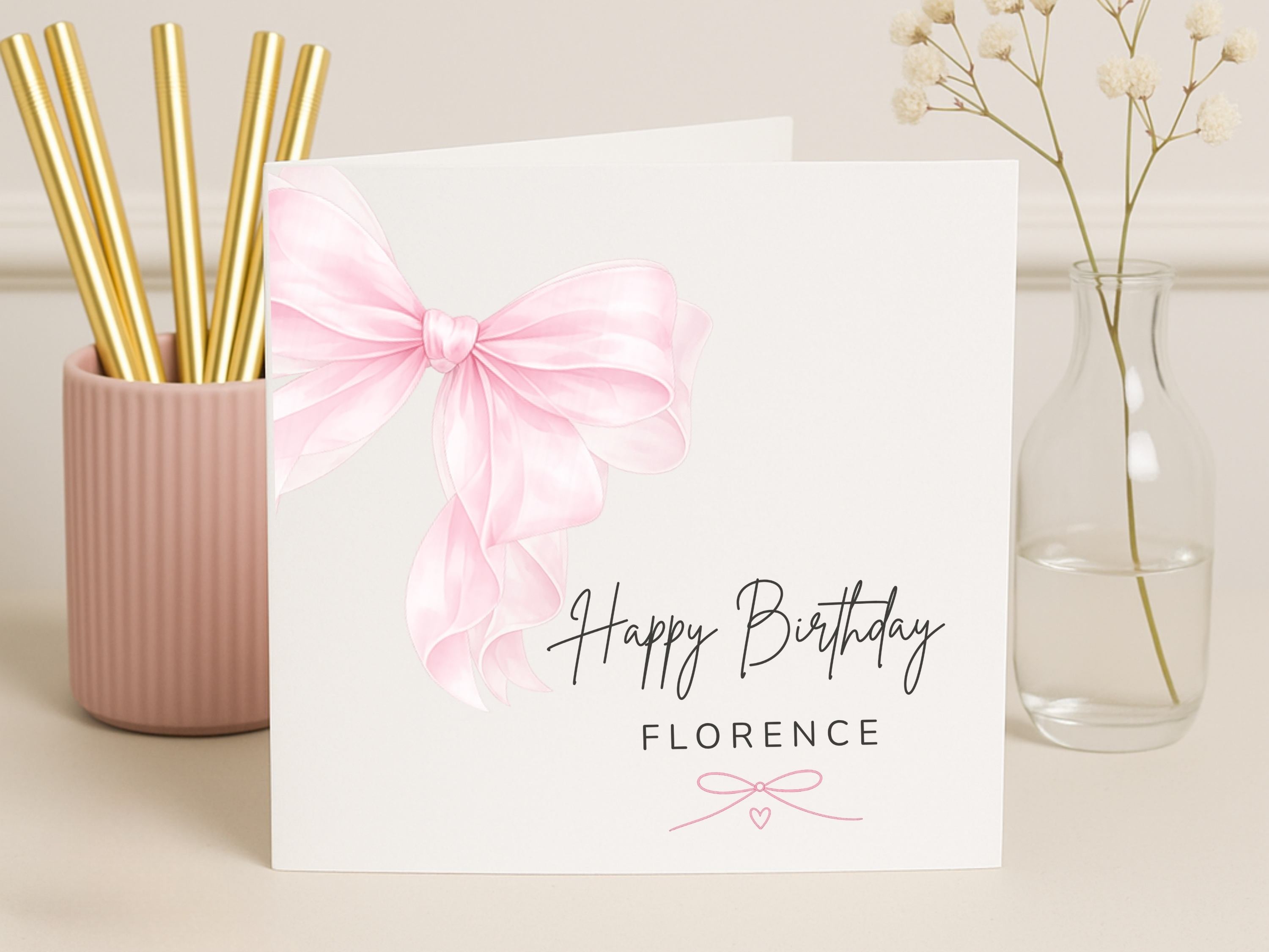 Personalised Birthday Card for Her - Luxury Pink Bow Design - Custom Name Card for Mum, Daughter, Wife, Friend, Grandma or Niece