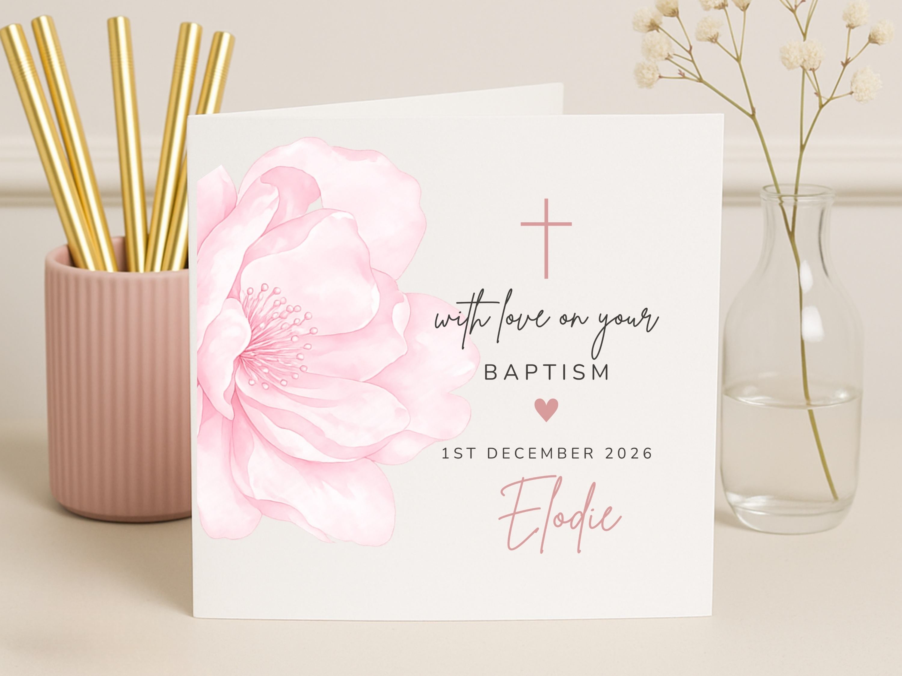 Personalised Floral Baptism Card for Girls - Elegant Religious Milestone Card