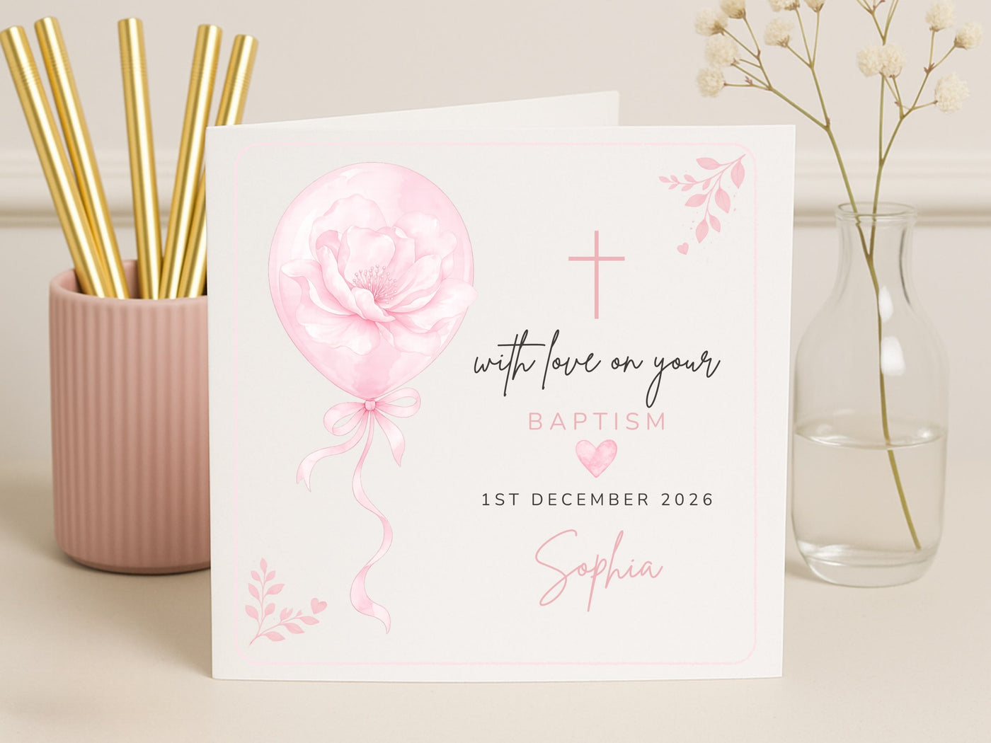 Personalised Baptism Card for Girls  - Watercolor Floral Balloon Design