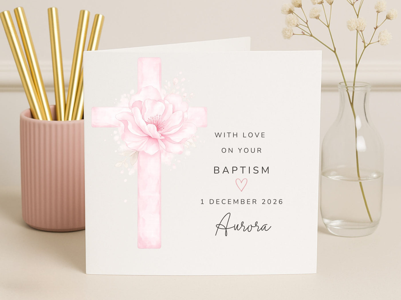 Personalised Floral Cross Baptism Card - Custom Name & Date Christening Keepsake
