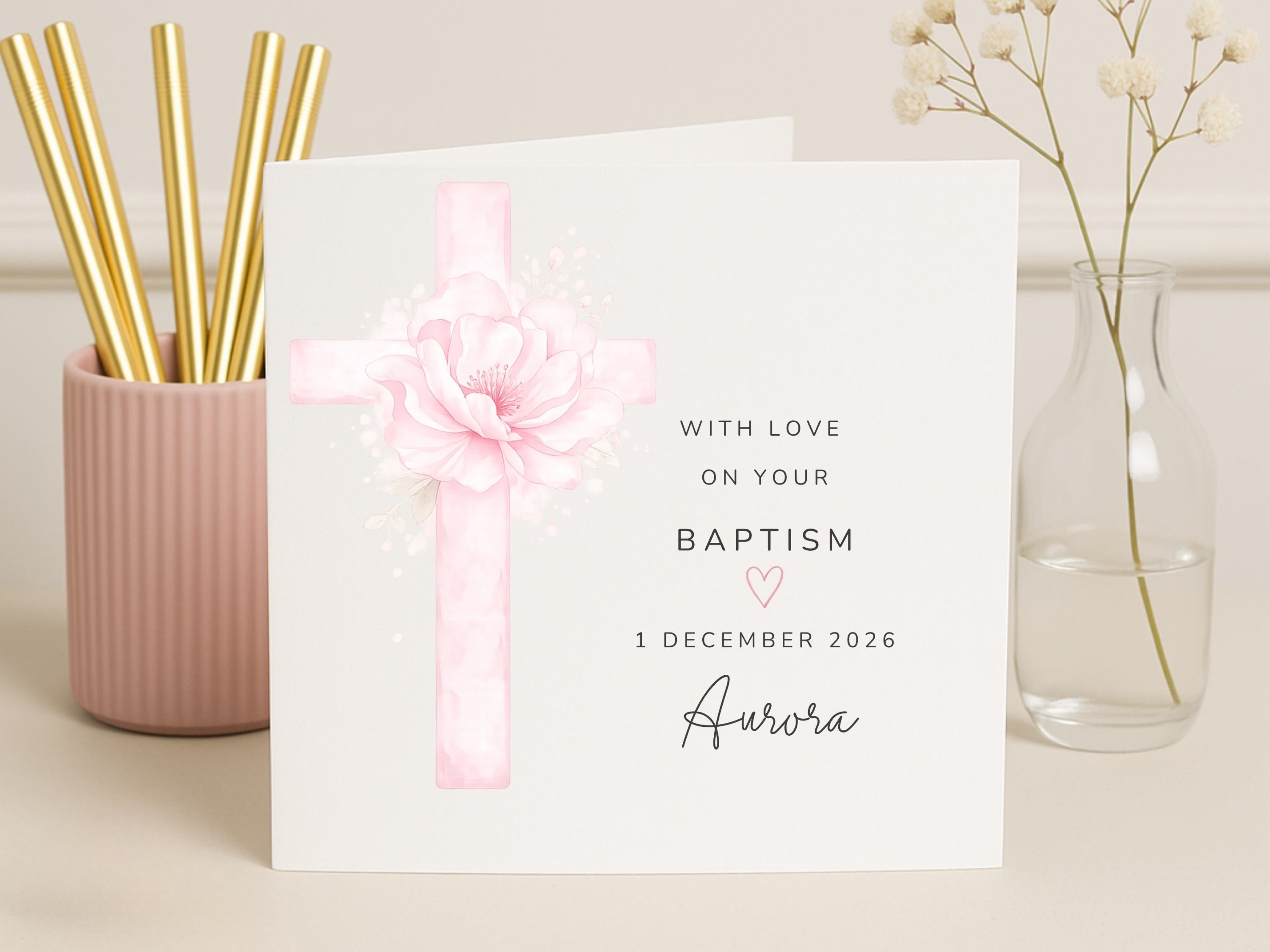 Personalised Floral Cross Baptism Card - Custom Name & Date Christening Keepsake