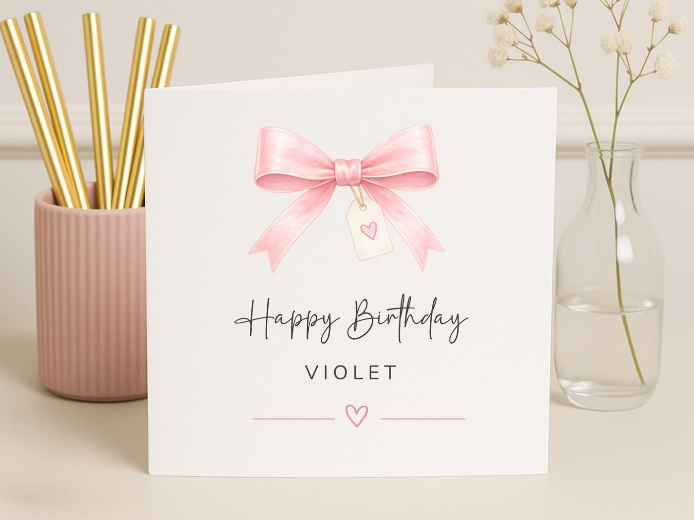 Personalised Luxury Birthday Card for Her - Pink Ribbon & Heart Tag Design