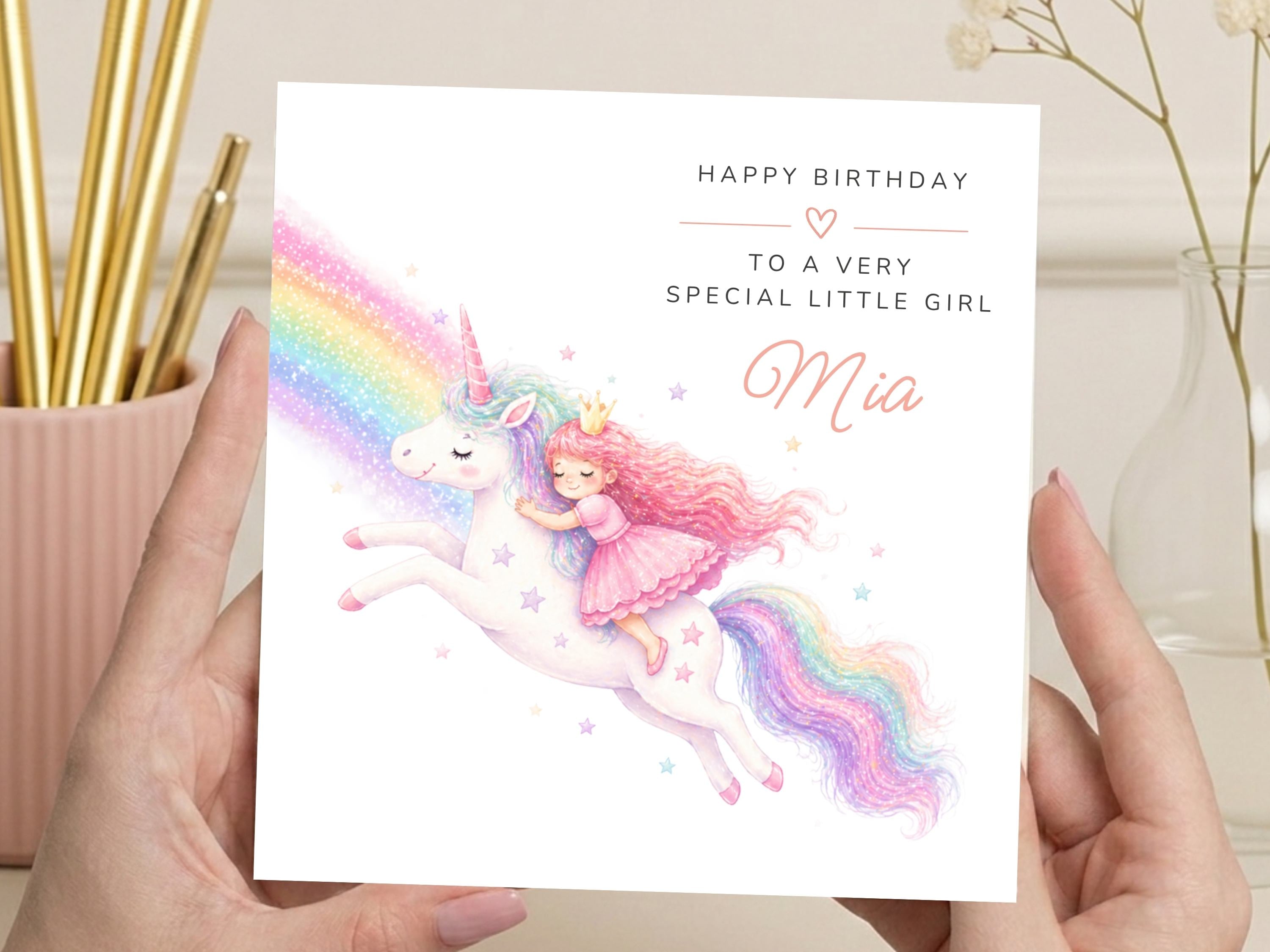 Personalised Birthday Card for Girl – Magic Unicorn & Princess Riding a Rainbow