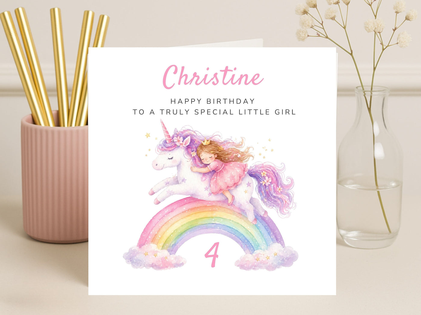 Personalised Unicorn & Rainbow Birthday Card - Any Age Princess Birthday Card - Custom Name Milestone Card for Daughter, Granddaughter or Niece