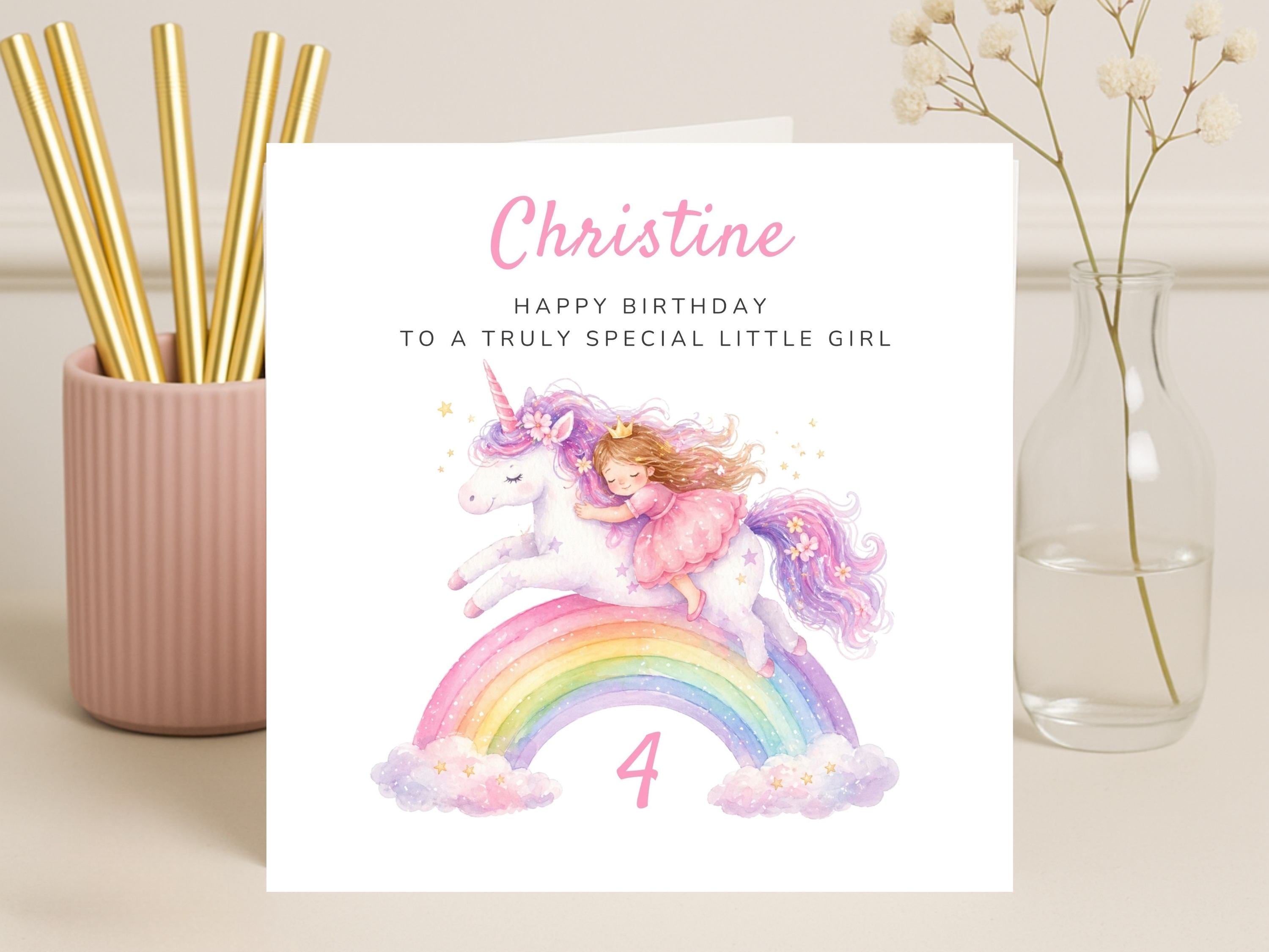 Personalised Unicorn & Rainbow Birthday Card - Any Age Princess Birthday Card - Custom Name Milestone Card for Daughter, Granddaughter or Niece