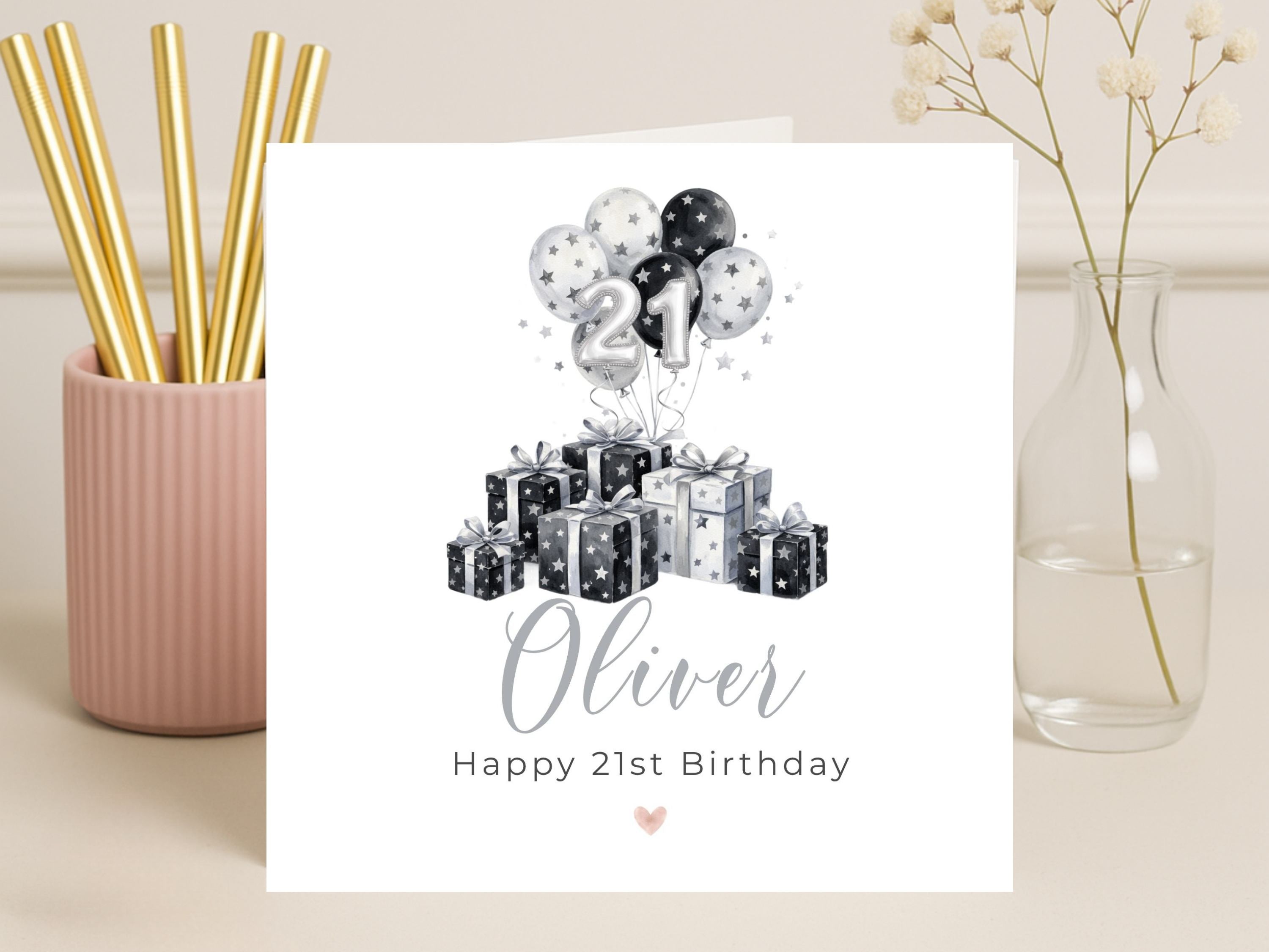 Personalised 21st Birthday Card with Name - Black and Silver Gifts and Baloons