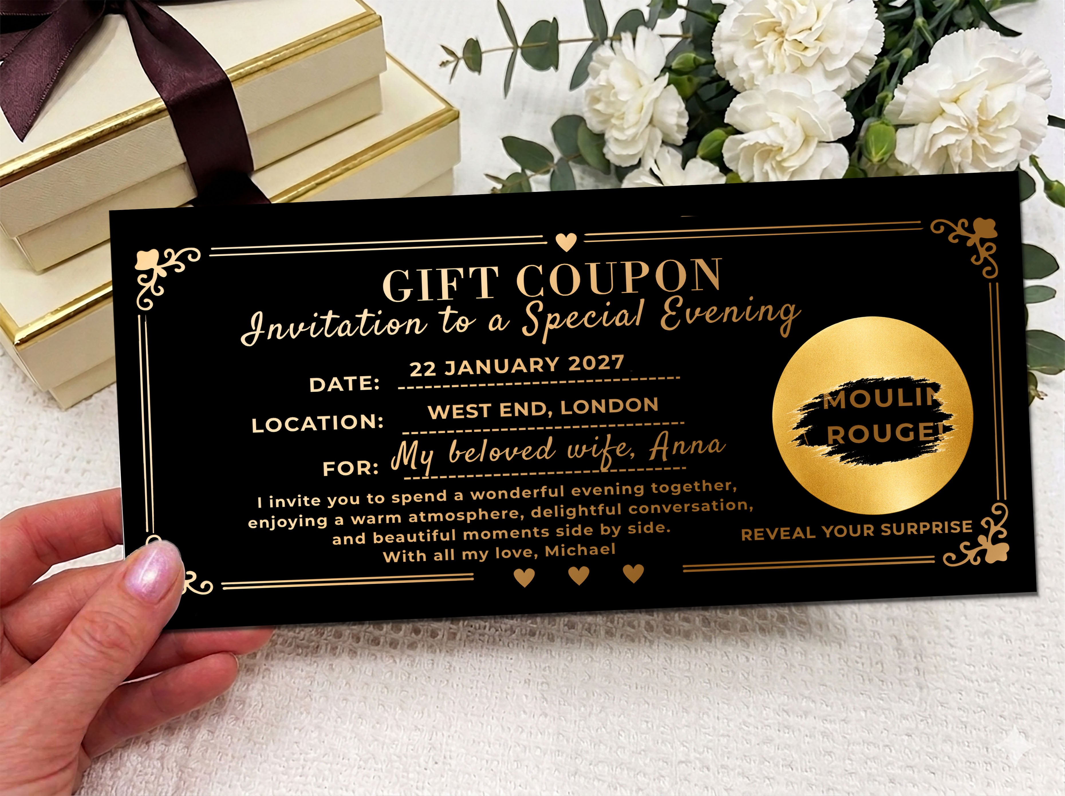 Personalised Gift Coupon Ticket, Romantic Experience Voucher, Custom Date Night Gift, Printed Surprise Ticket, Luxury Gift for Her