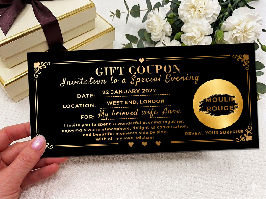 Personalised Gift Coupon Ticket, Romantic Experience Voucher, Custom Date Night Gift, Printed Surprise Ticket, Luxury Gift for Her
