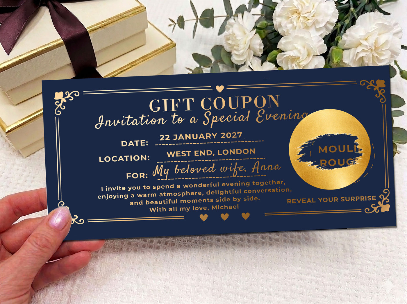 Personalised Gift Coupon Ticket, Romantic Experience Voucher, Custom Date Night Gift, Printed Surprise Ticket, Luxury Gift for Her