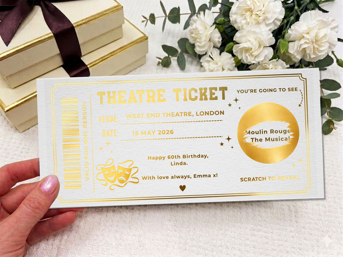 Personalized Theatre Ticket Gift, Scratch Reveal Show Voucher, Luxury Navy Gold Birthday Gift, Physical Printed Experience Ticket