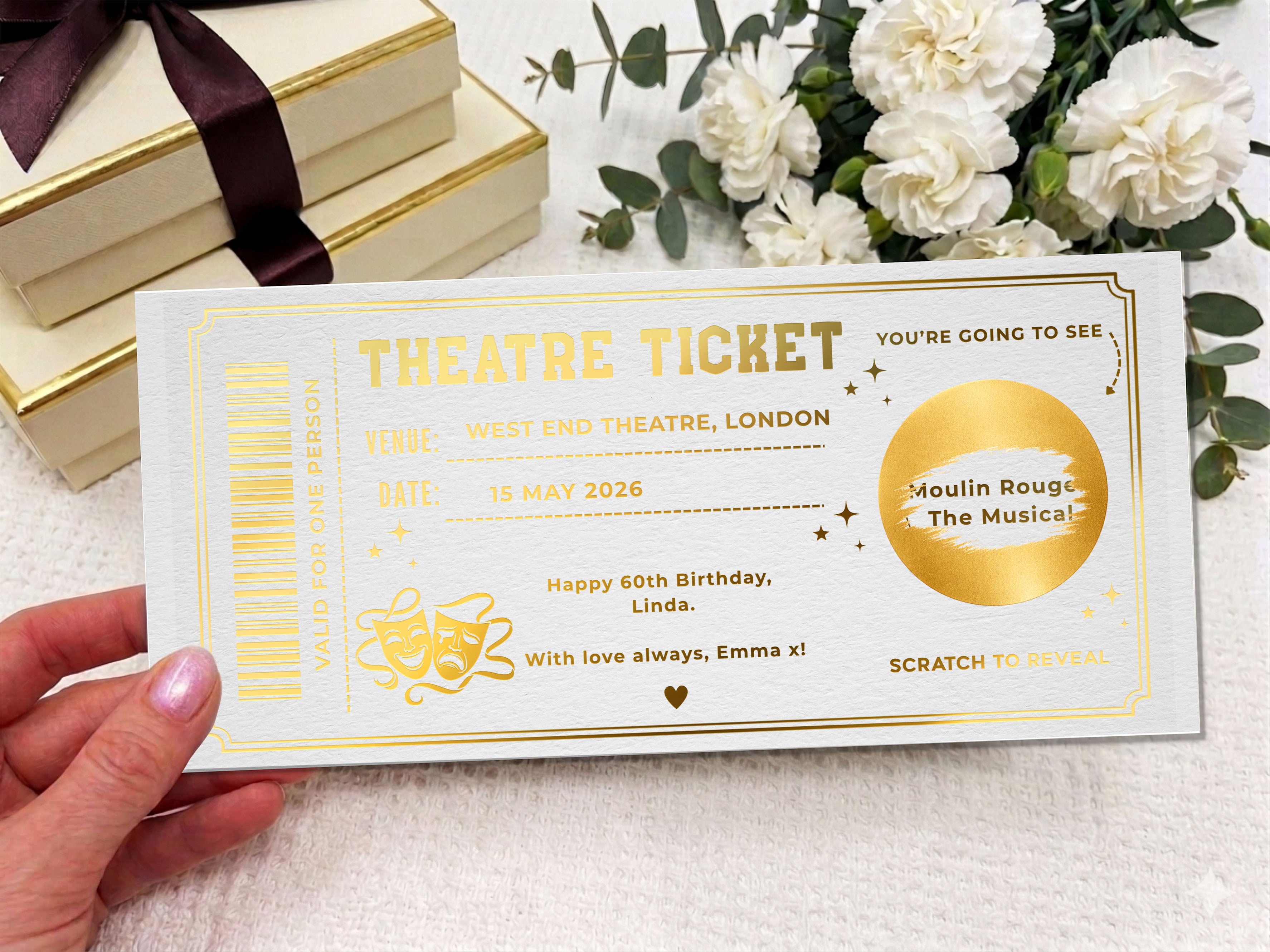 Personalized Theatre Ticket Gift, Scratch Reveal Show Voucher, Luxury Navy Gold Birthday Gift, Physical Printed Experience Ticket