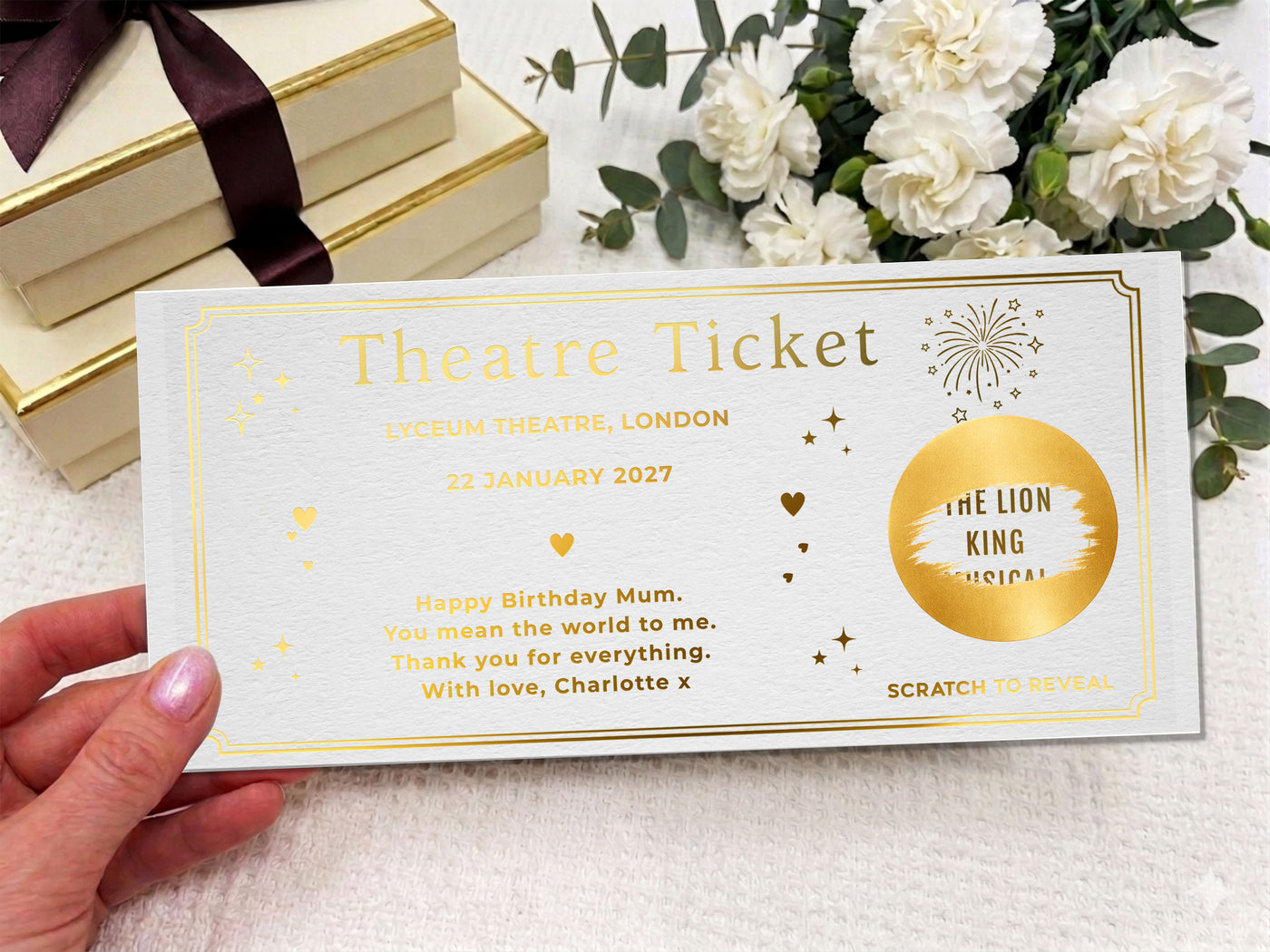 Personalized Theatre Ticket Gift, Scratch Reveal Birthday Voucher, Luxury Gold Show Ticket for Mum