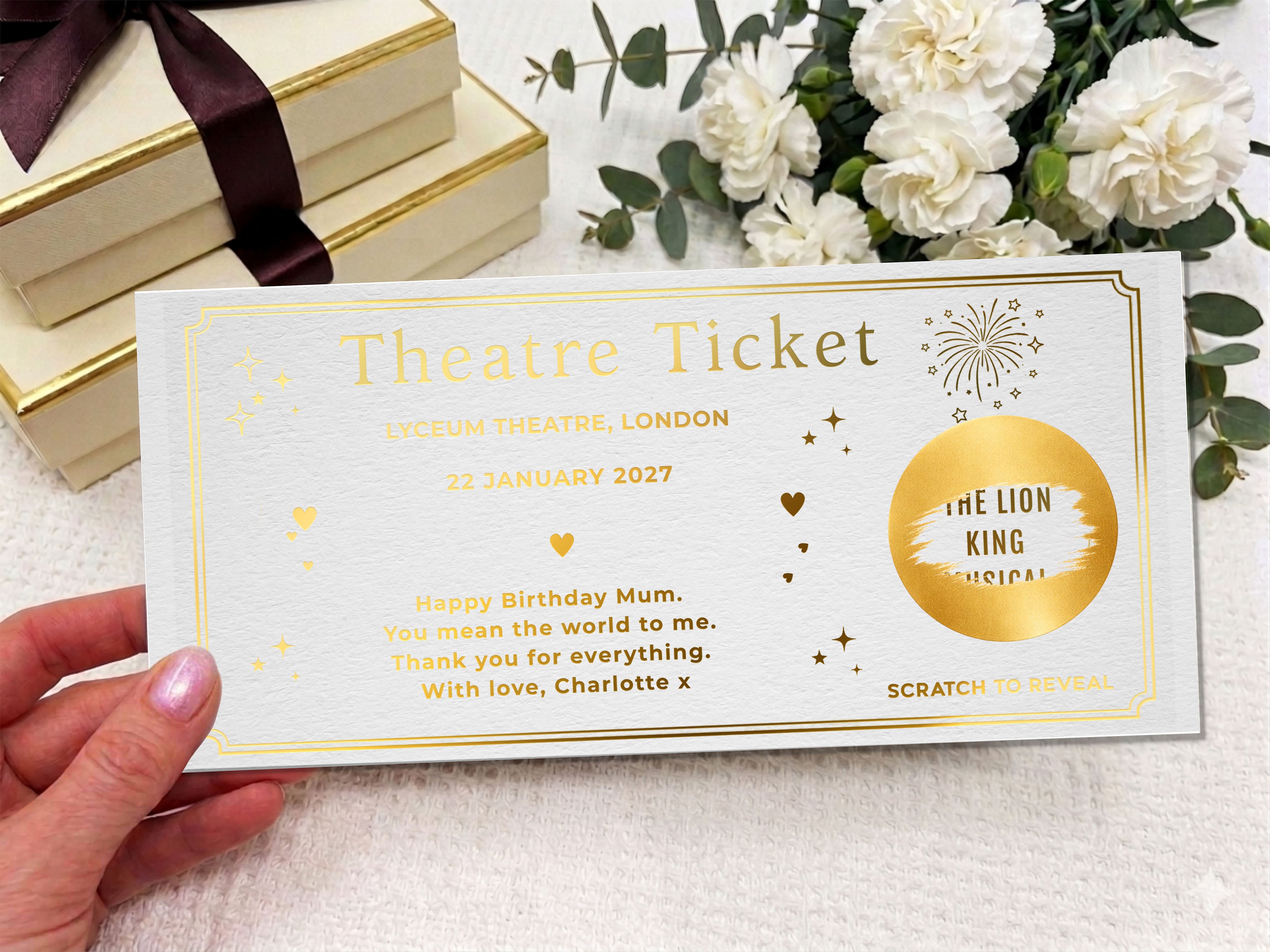 Personalized Theatre Ticket Gift, Scratch Reveal Birthday Voucher, Luxury Gold Show Ticket for Mum