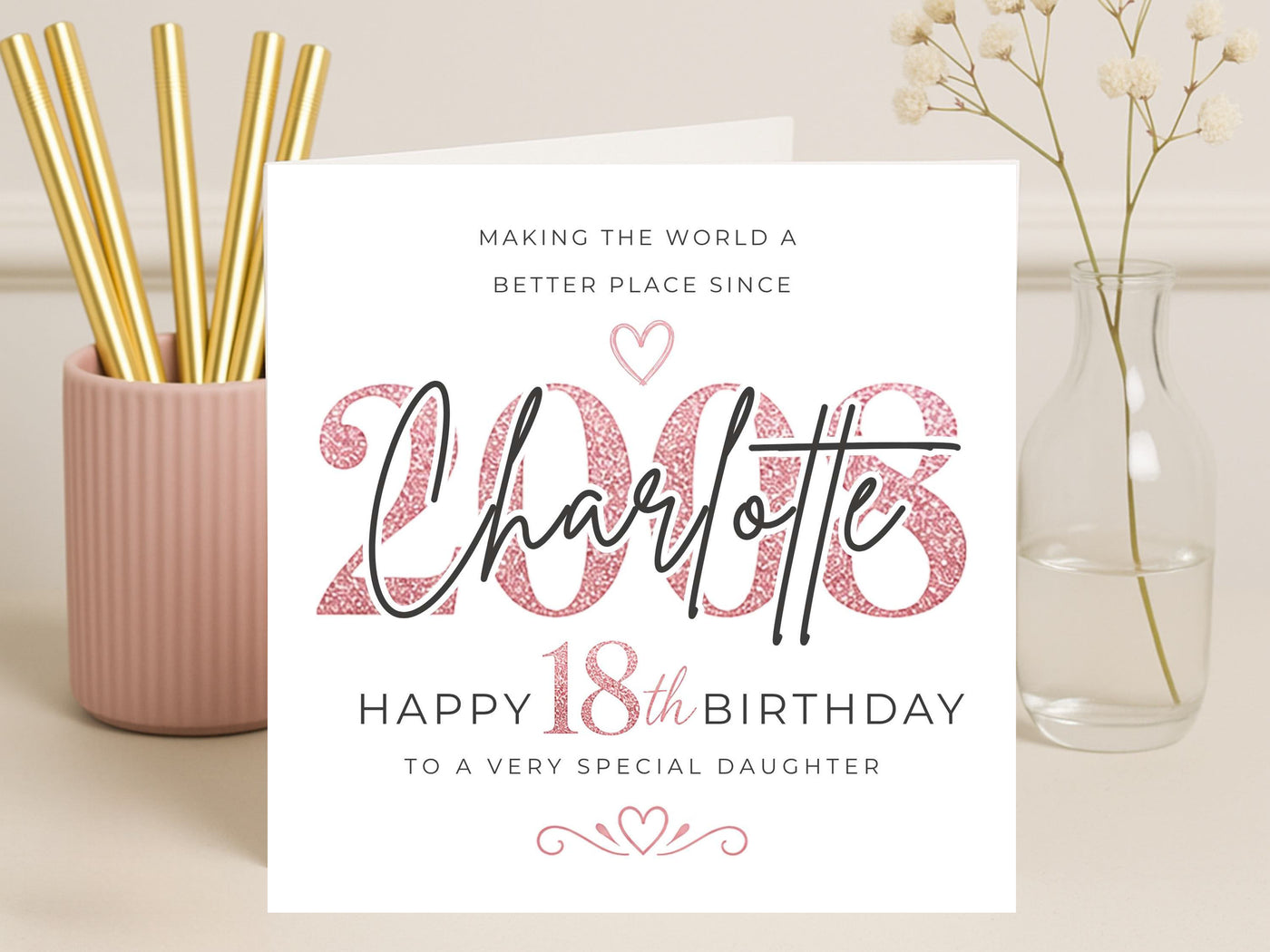 Personalised 18th Birthday Card for Daughter – Pink Glitter Design