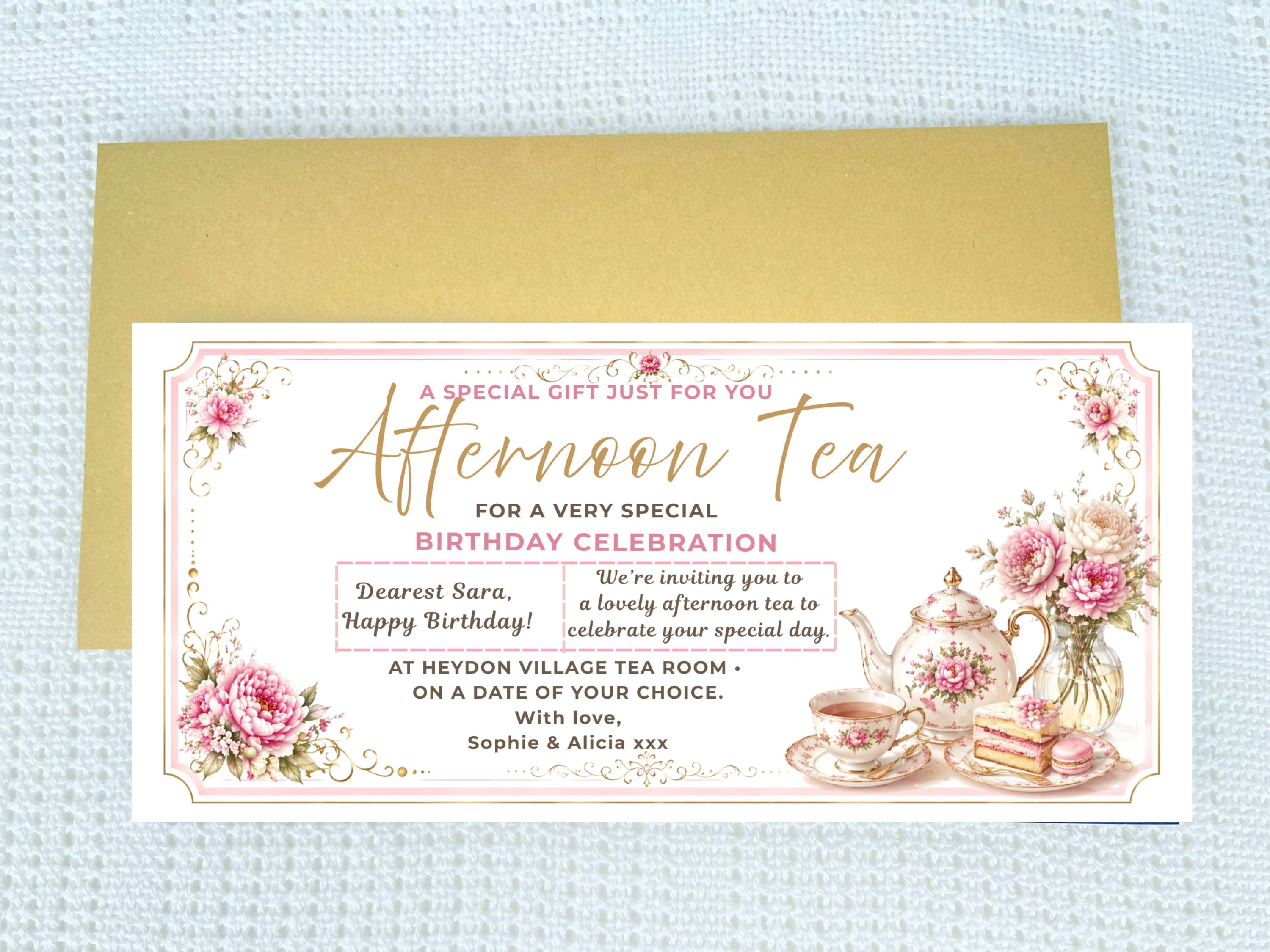 Personalised Afternoon Tea Birthday Gift Voucher Card – Elegant Floral Design (Physical Card)