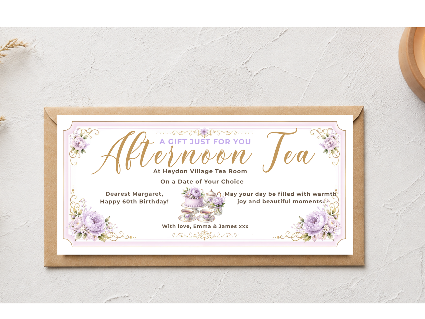Personalised Afternoon Tea Gift Voucher Card – Lavender Floral Design (Physical Card)