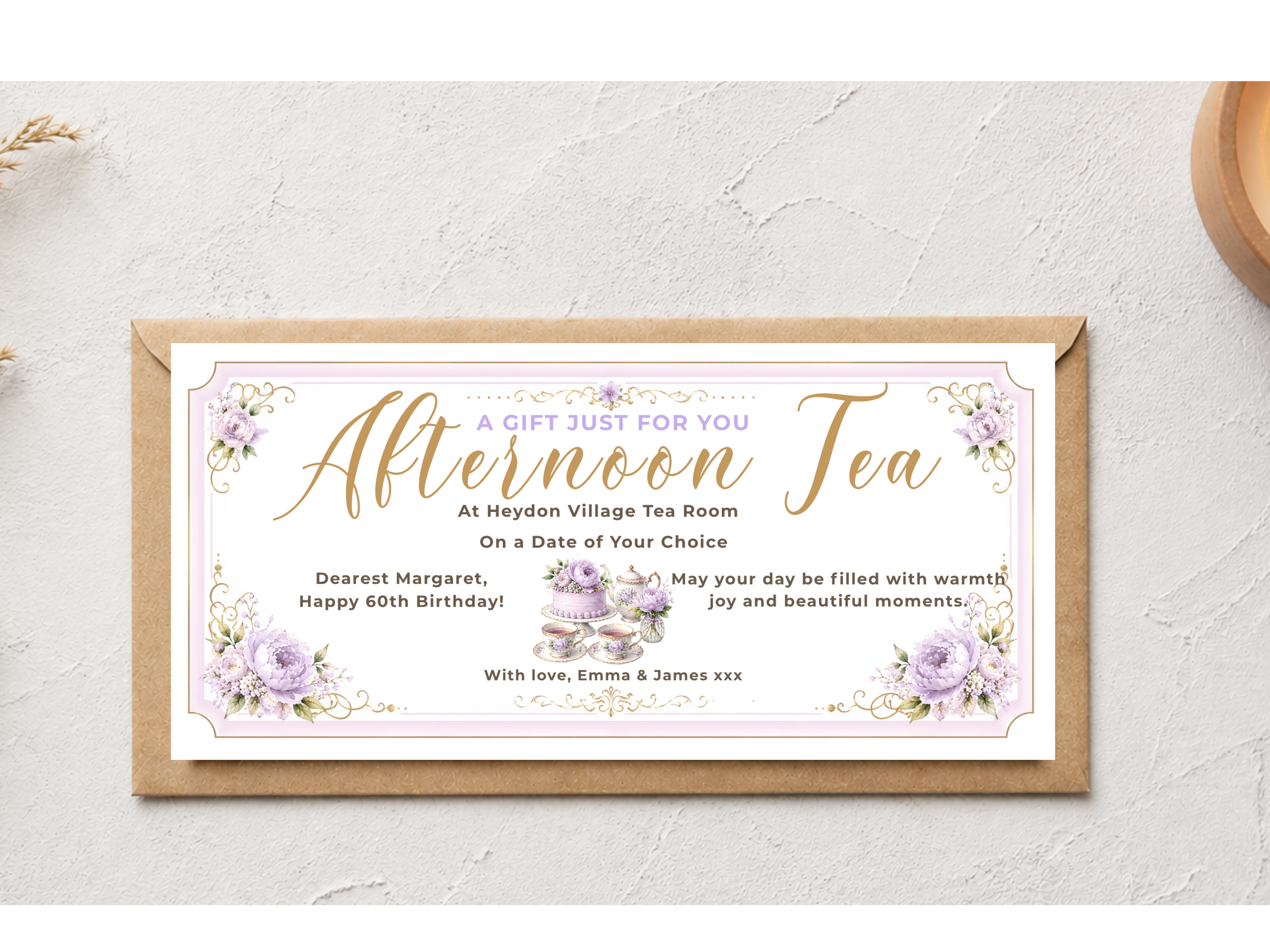 Personalised Afternoon Tea Gift Voucher Card – Lavender Floral Design (Physical Card)