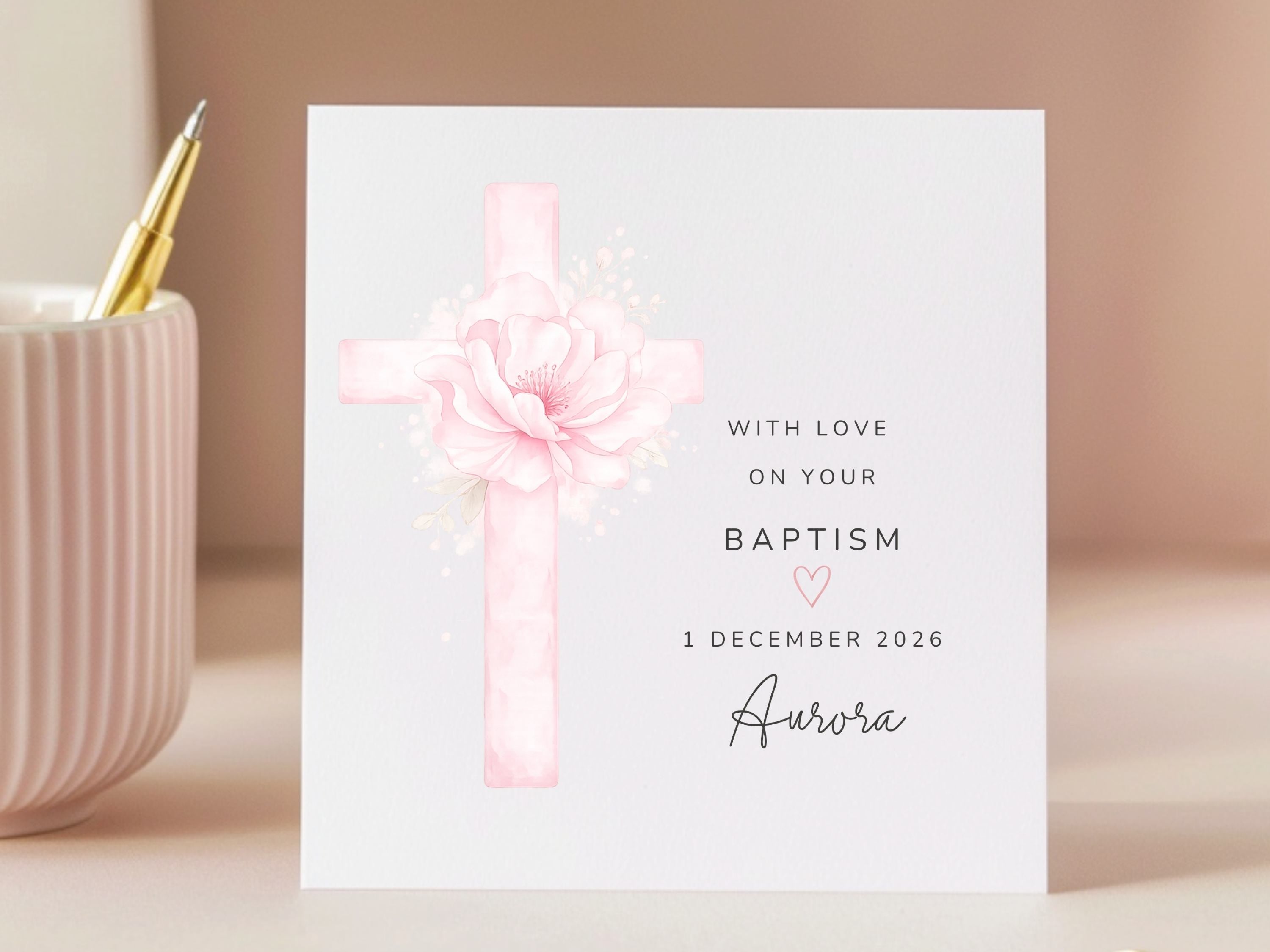 Personalised Floral Cross Baptism Card - Custom Name & Date Christening Keepsake