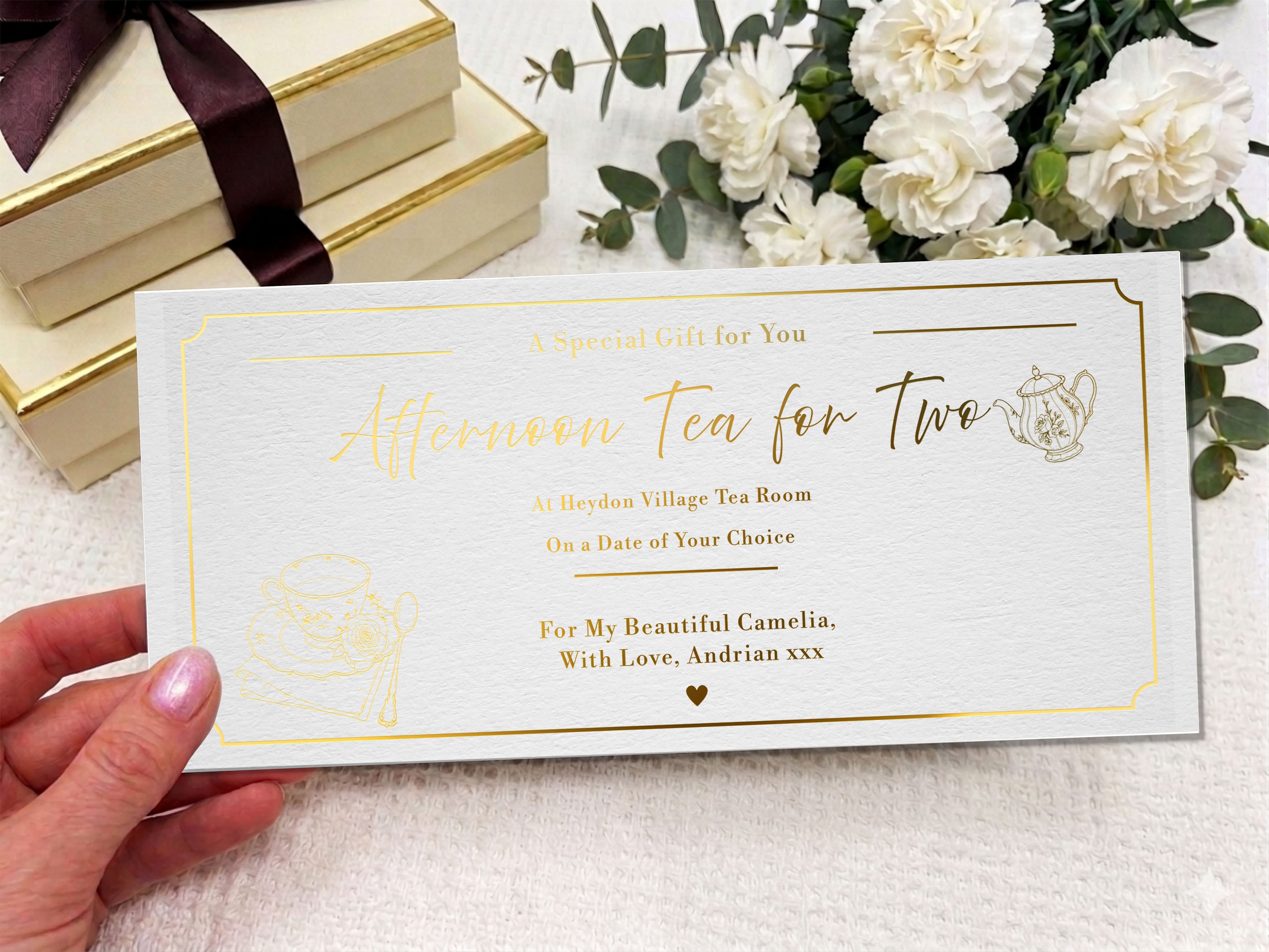 Personalised Afternoon Tea for Two Gift, Luxury Tea Voucher, Custom Printed Gift Coupon, Romantic Tea Experience Gift for Her