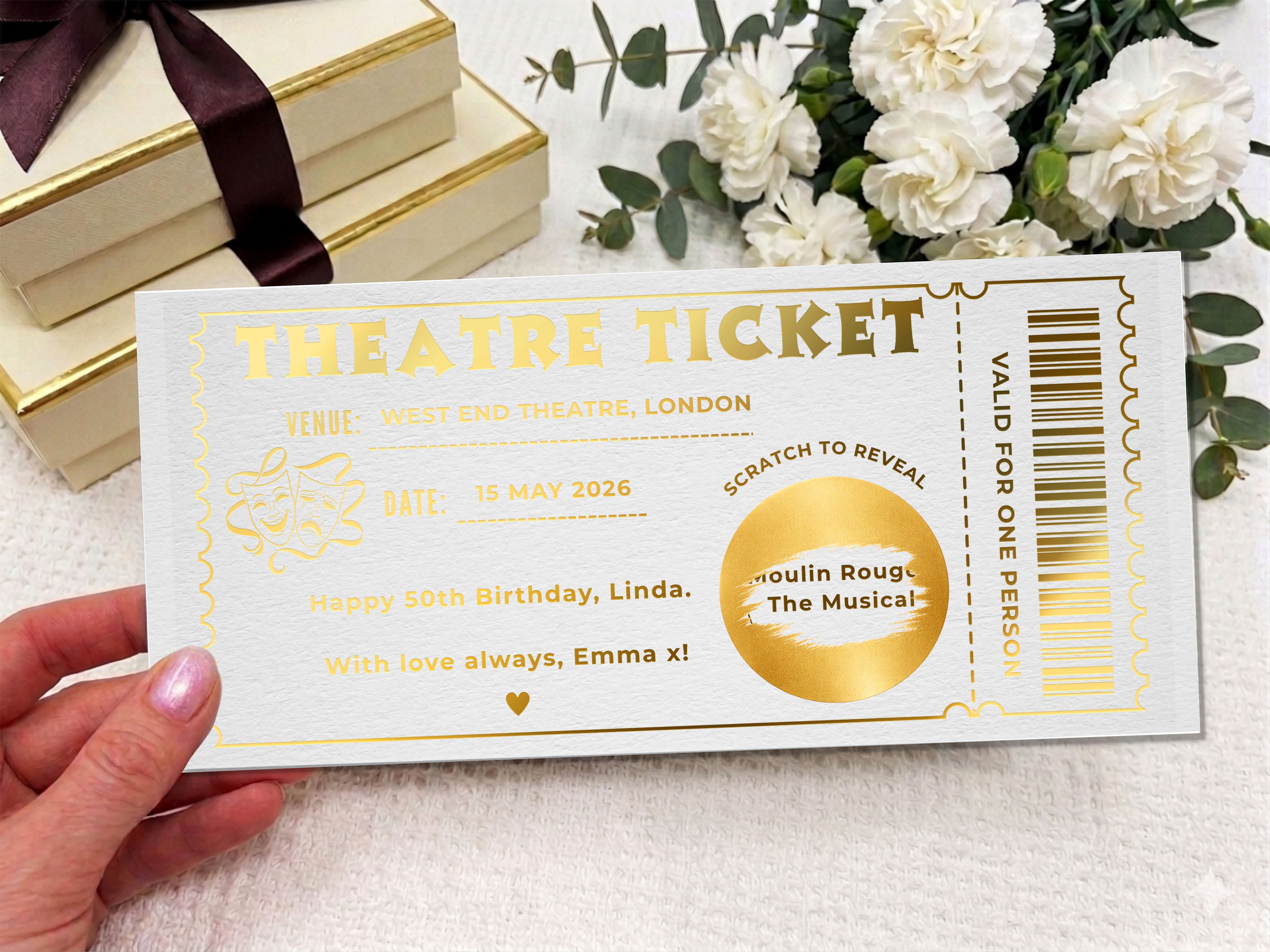 Personalized Theatre Ticket Gift, Scratch Off Reveal Voucher, West End Show Surprise, Physical Printed Experience Gift