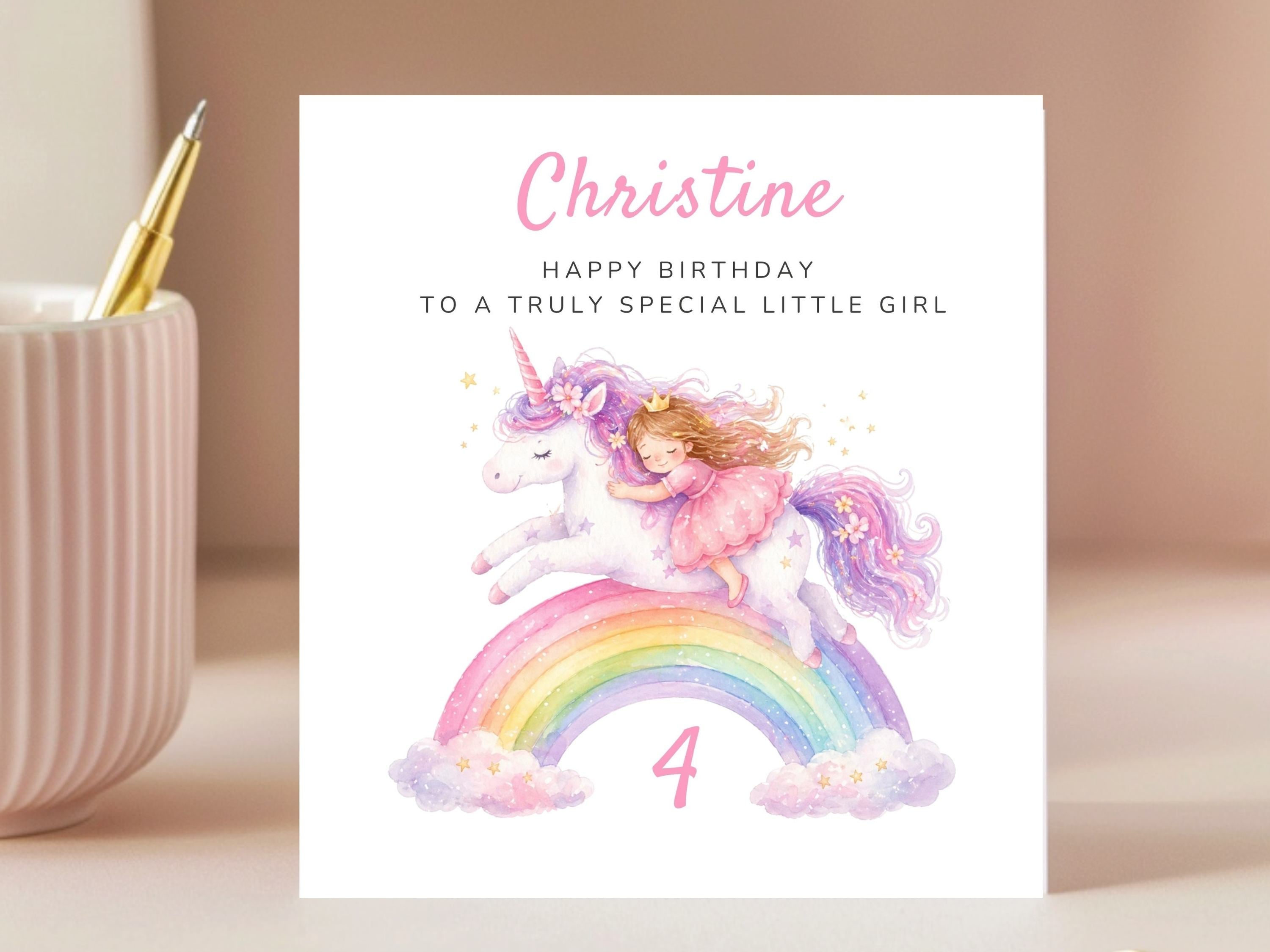 Personalised Unicorn & Rainbow Birthday Card - Any Age Princess Birthday Card - Custom Name Milestone Card for Daughter, Granddaughter or Niece