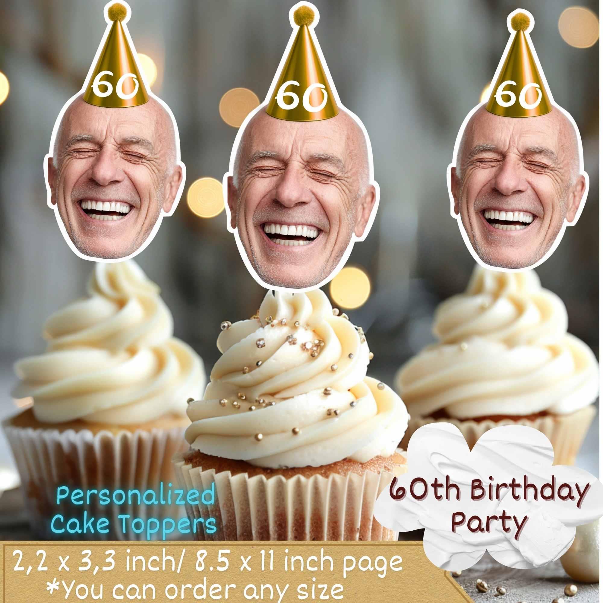 120x Personalised 70th Birthday Cupcake Toppers, Photo Cake Toppers, Custom Adult Birthday Party Decorations