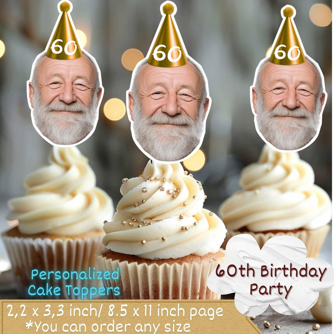 120x Personalised 70th Birthday Cupcake Toppers, Photo Cake Toppers, Custom Adult Birthday Party Decorations
