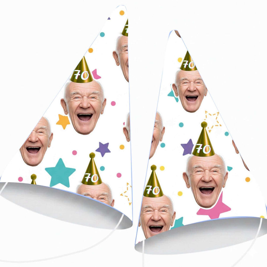 50x Personalised 70th Birthday Party Hats - Custom Face Photo Party Caps - 1956 Vintage Legend Decor for Men & Women - Fully Precut