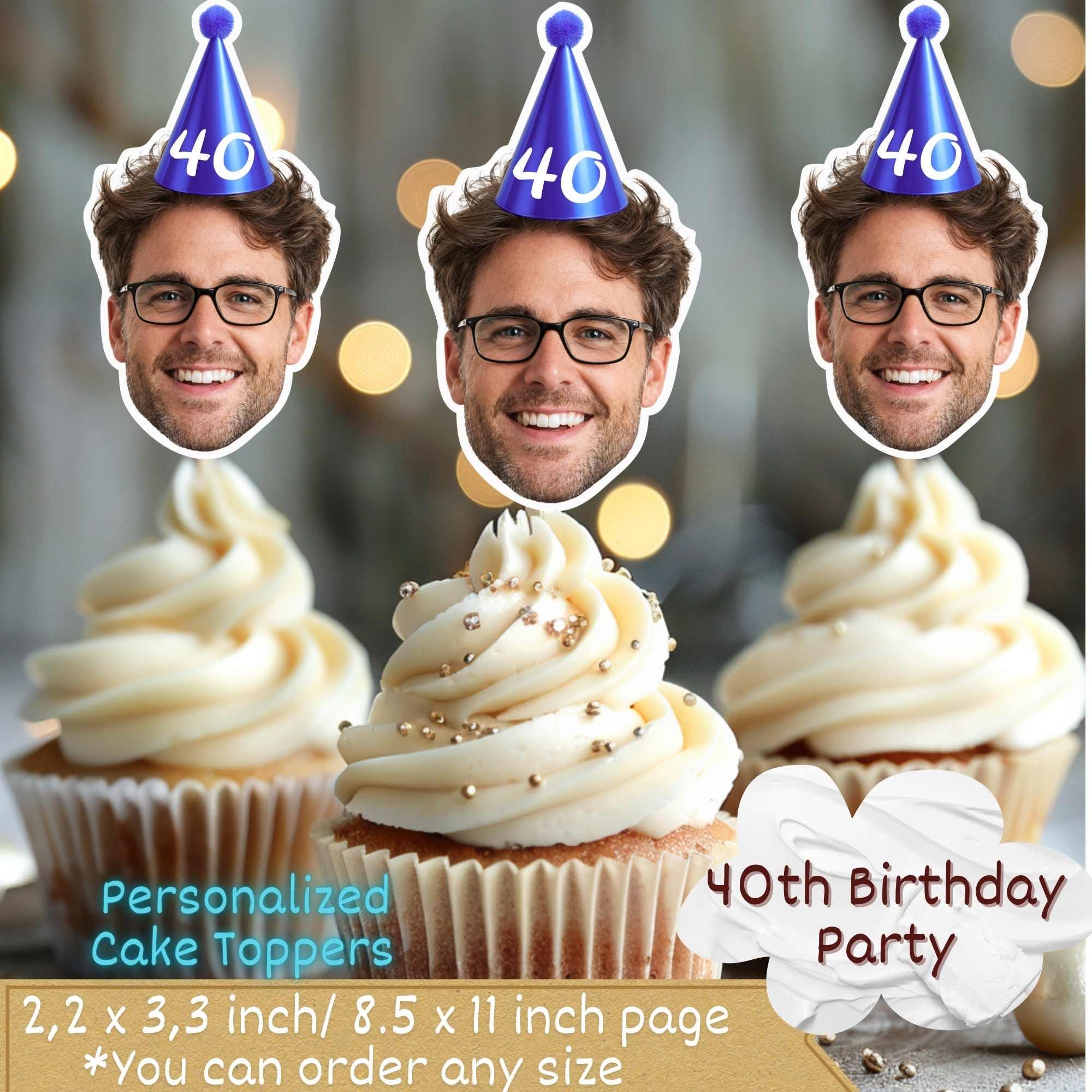 120x Personalised 70th Birthday Cupcake Toppers, Photo Cake Toppers, Custom Adult Birthday Party Decorations