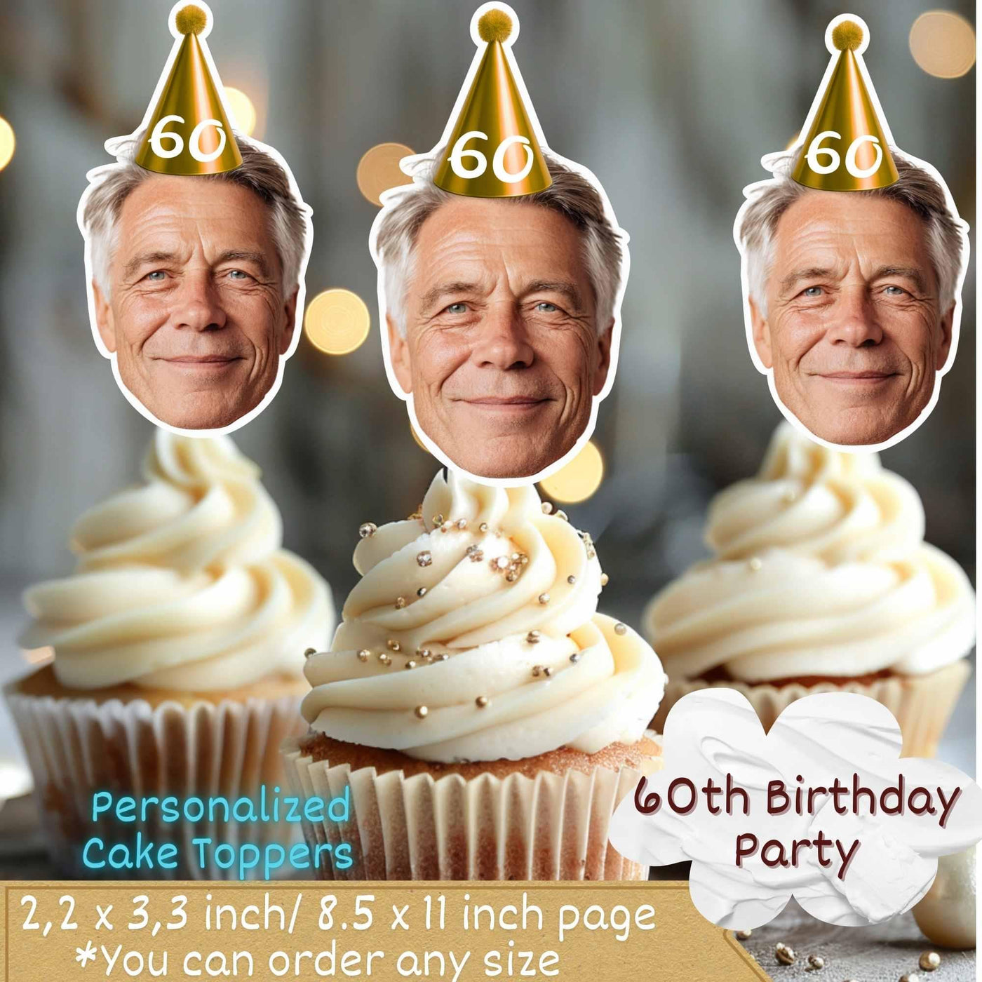 120x Personalised 70th Birthday Cupcake Toppers, Photo Cake Toppers, Custom Adult Birthday Party Decorations